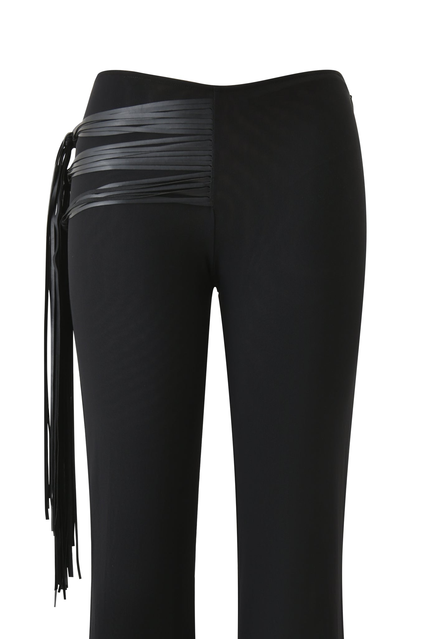 The ISELDA FRINGE PANT - BLACK by I.AM.GIA features a faux leather waistband, horizontal bands, and long fringe tassels for added flair. Crafted from smooth fabric, these standout pants elevate any outfit.