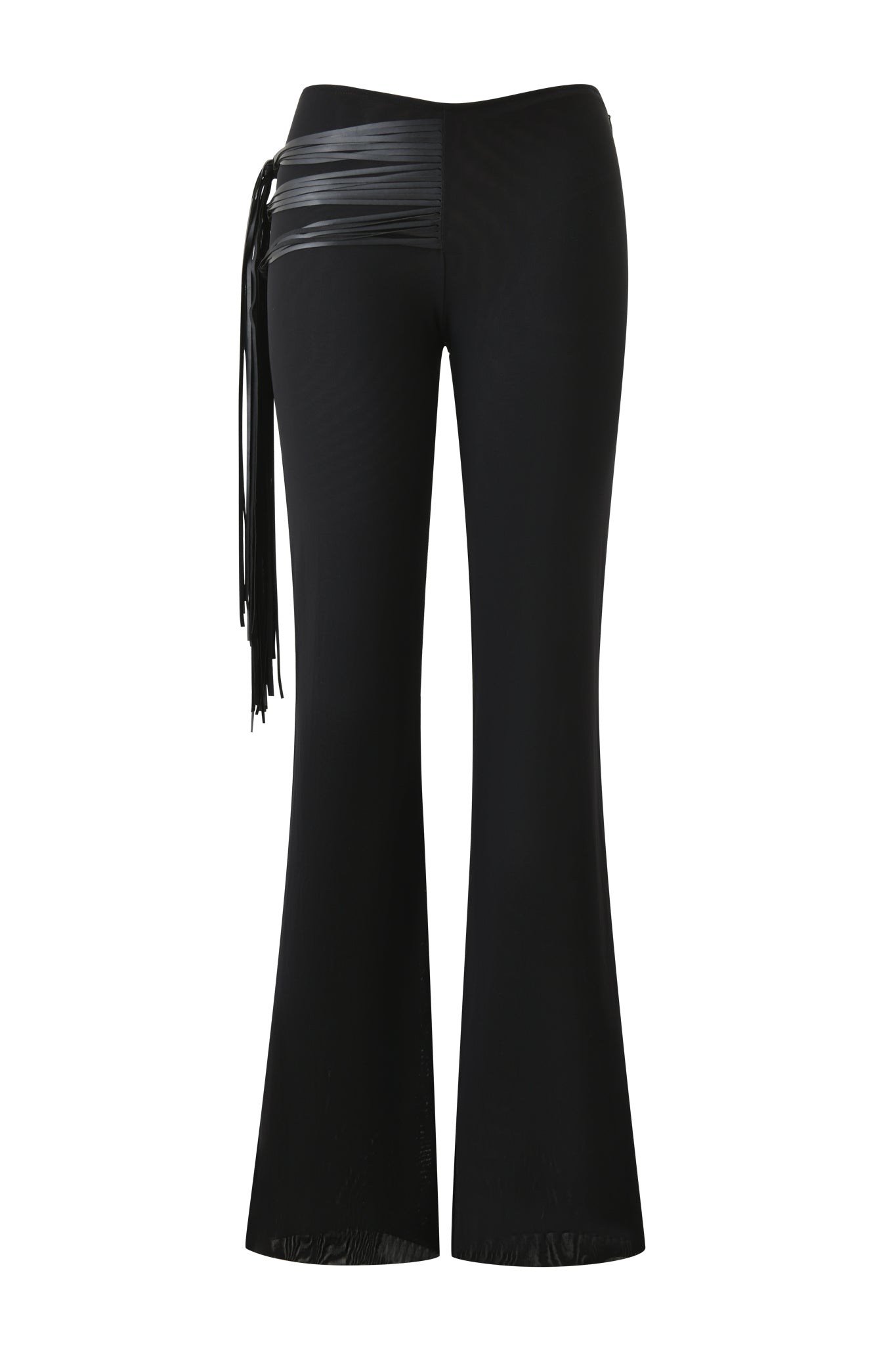 The I.AM.GIA ISELDA FRINGE PANT in black features a high waist, faux leather waistband, and faux leather fringe tassels on the left hip, shown against a white background.