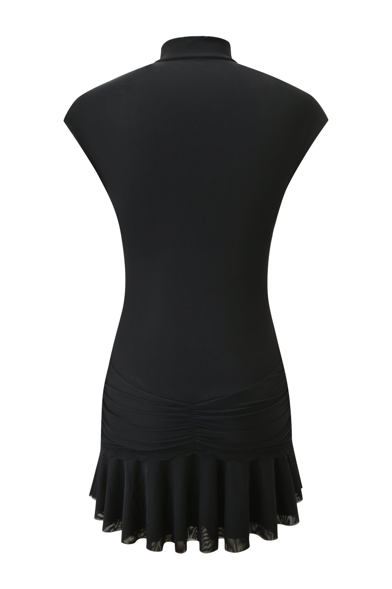 Back view of the I.AM.GIA ISELA MINI DRESS - BLACK, featuring a high neckline, cap sleeves, ruched lower back, and ruffled hem in power mesh. Dress is shown on a white background.