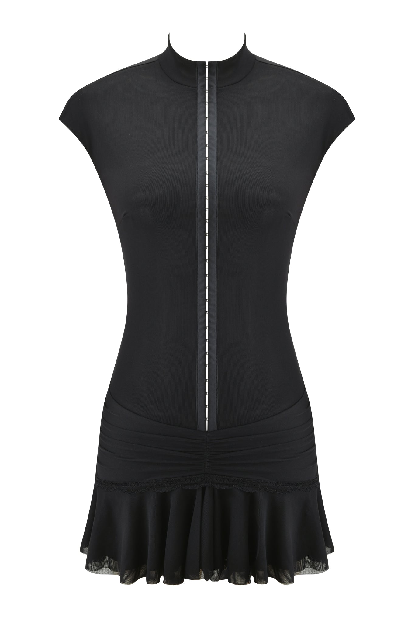 The I.AM.GIA ISELA MINI DRESS - BLACK features short sleeves, a high collar, fitted bodice, ruched waist, flared ruffled hem, and a vertical metallic stripe for a bold look.