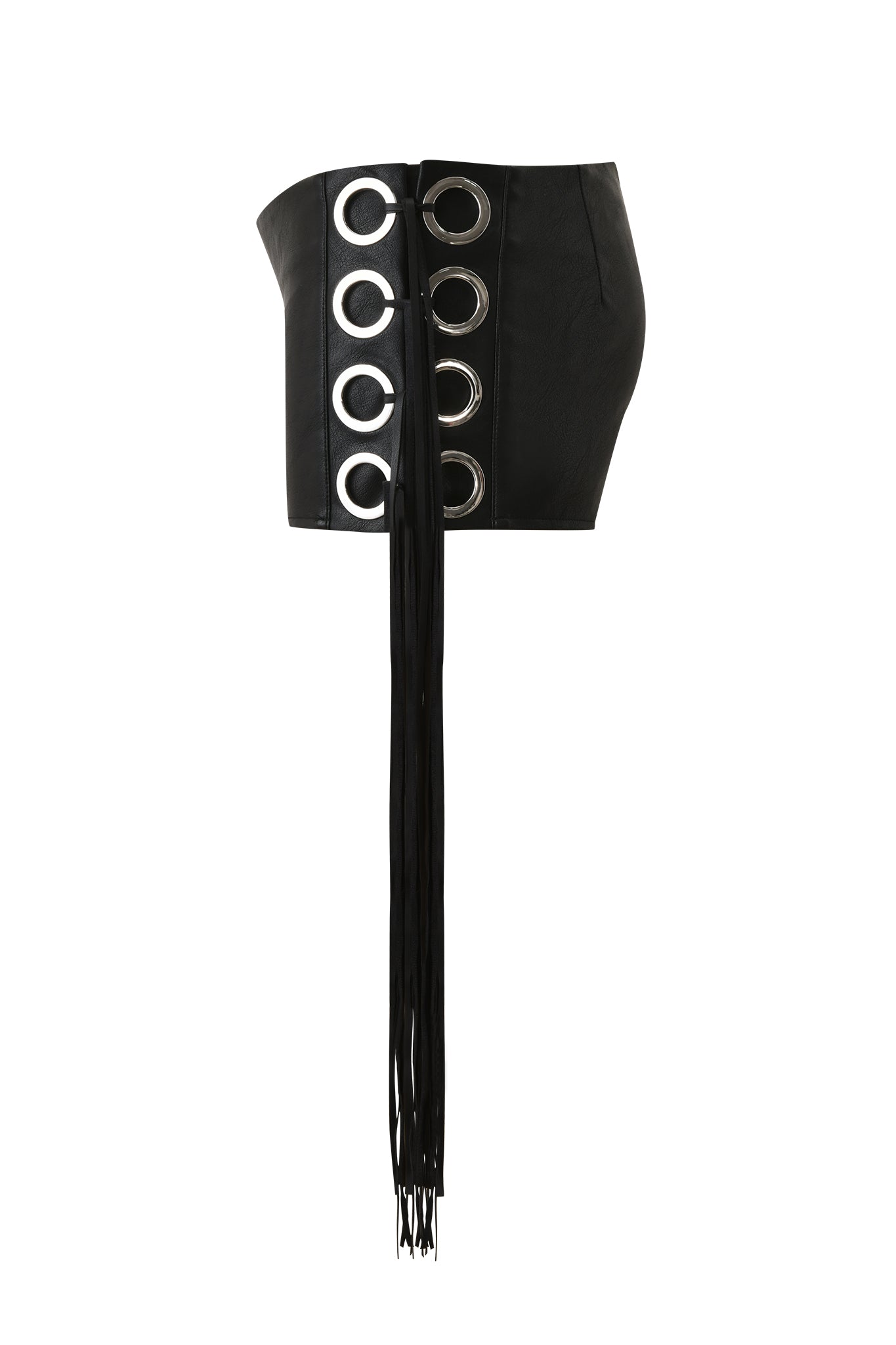 The NURI FRINGE SHORT - BLACK by I.AM.GIA features large silver grommets, long black fringe at the front, an asymmetrical design, and a mid-rise waist for a sleek, modern look inspired by fringed hot shorts.