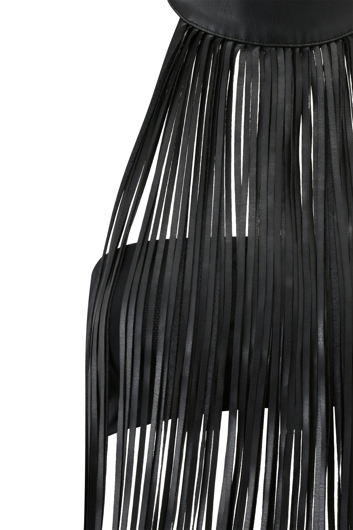 Close-up of the I.AM.GIA BRISA FRINGE TOP - BLACK, featuring long, thin fringe strips for a sleek and stylish look against a white background.
