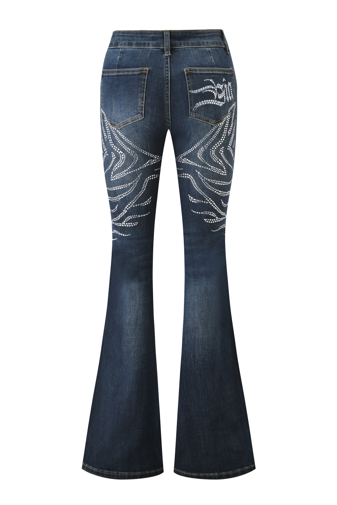 The JIJI DIAMONTE JEAN - BLUE by I.AM.GIA is a pair of dark blue, low-rise bootcut jeans with swirling diamante embellishments on the back pockets and down the legs.