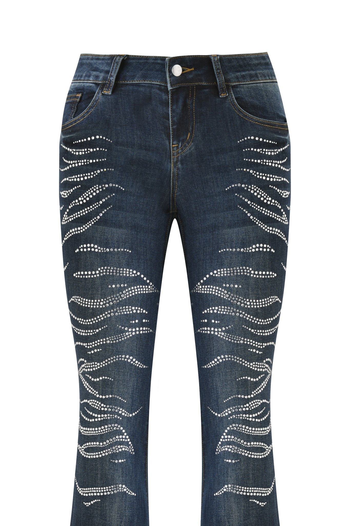 The JIJI DIAMONTE JEAN - BLUE by I.AM.GIA features dark blue low-rise bootcut jeans with a slight flare, wavy diamante details on the front, front pockets, belt loops, and a button closure for stylish appeal.