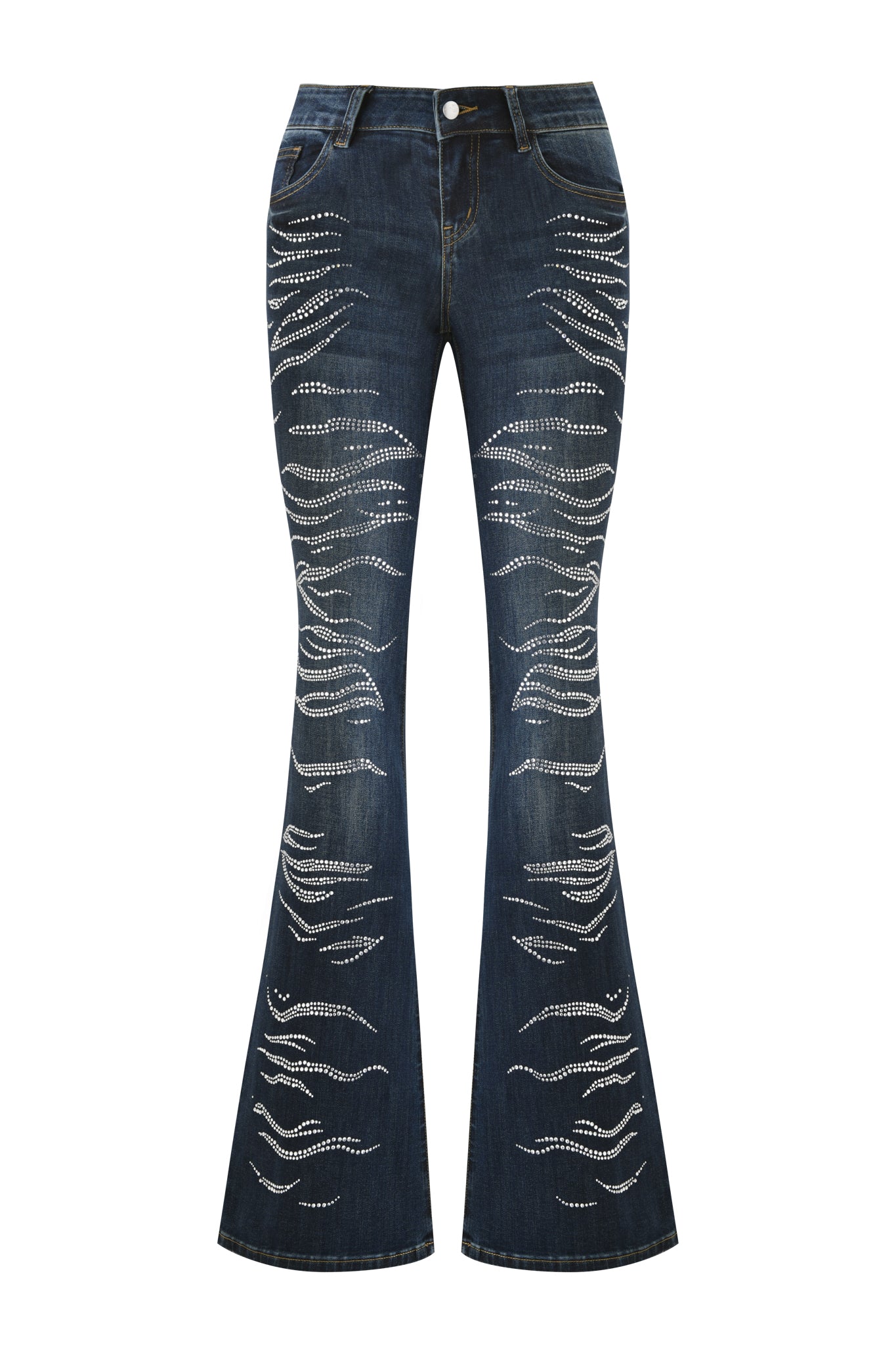 The JIJI DIAMONTE JEAN - BLUE by I.AM.GIA features dark blue flared legs, distressed front details, and sparkling rhinestone wave embellishments.