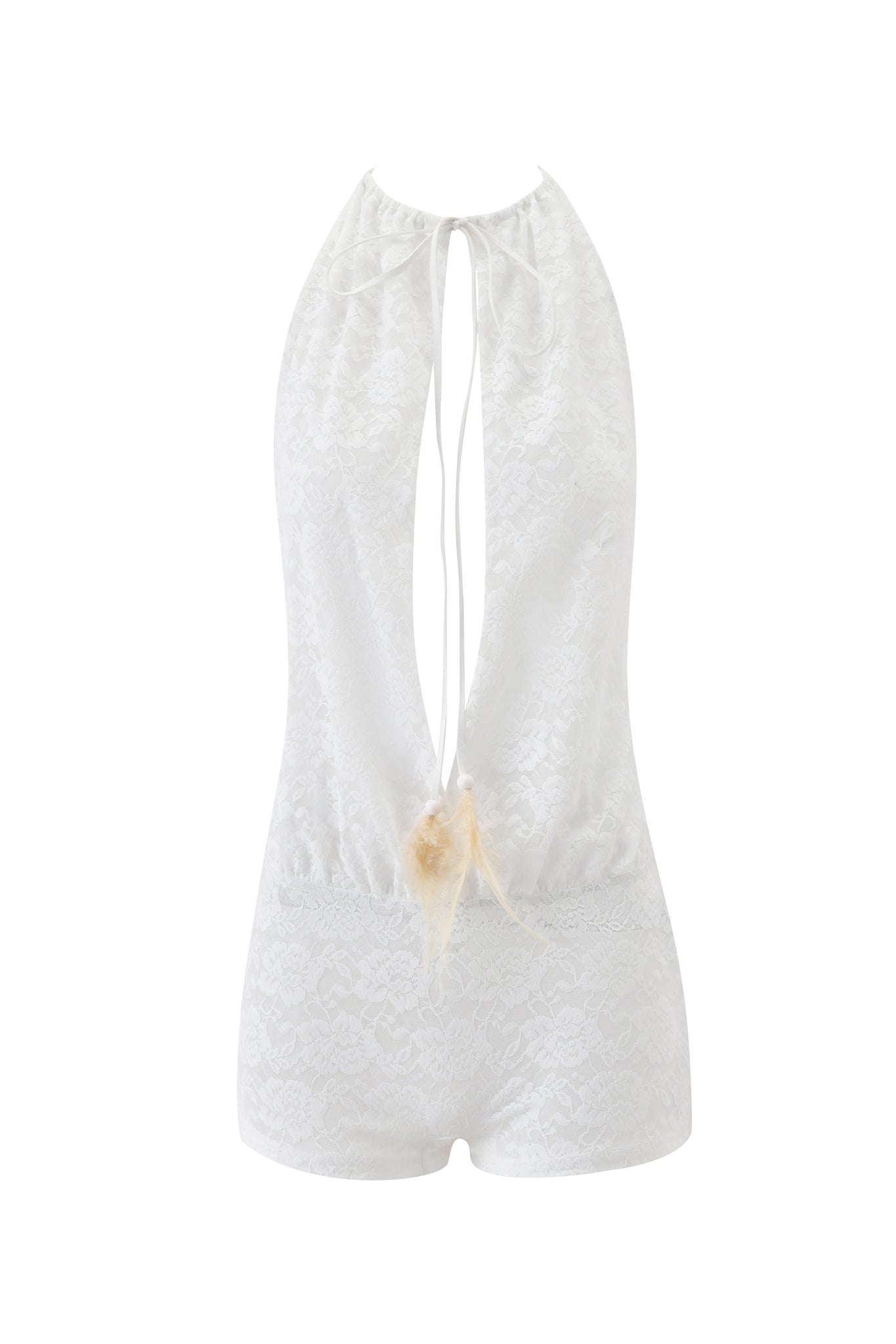 The PHERN PLAYSUIT - WHITE by I.AM.GIA features white floral lace, a deep plunge halter neckline, open back with tie closure, beige feather detail, and a micro mini fit for an alluring look.