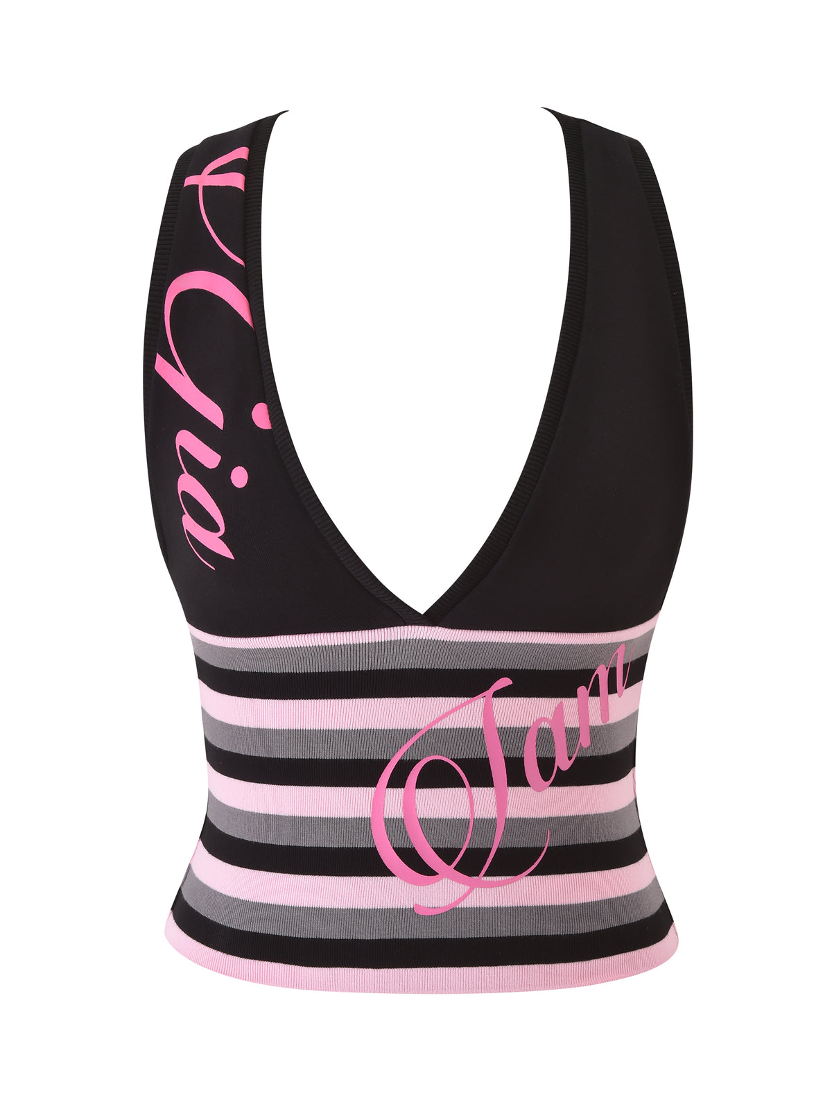 Introducing the CANDI TOP - BLACK by I.AM.GIA: a black bodycon crop top crafted from soft loopback terry for ultimate comfort. This flattering style features a deep V-neckline, pink “Gia” text on the shoulder, pink “I am” text on the lower front, and bold black, pink, and white horizontal stripes across the lower half for a striking finish.