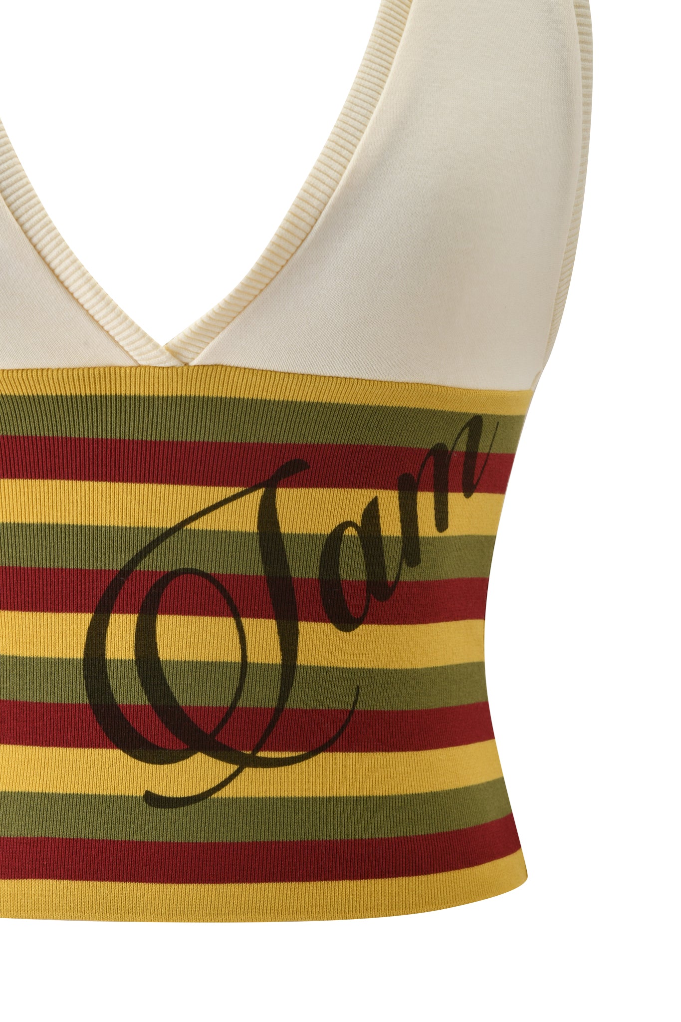 A close-up of the I.AM.GIA CANDI TOP - CREAM, a sleeveless V-neck bodycon top featuring horizontal red, yellow, and olive stripes with "I am" in bold black script across the front.
