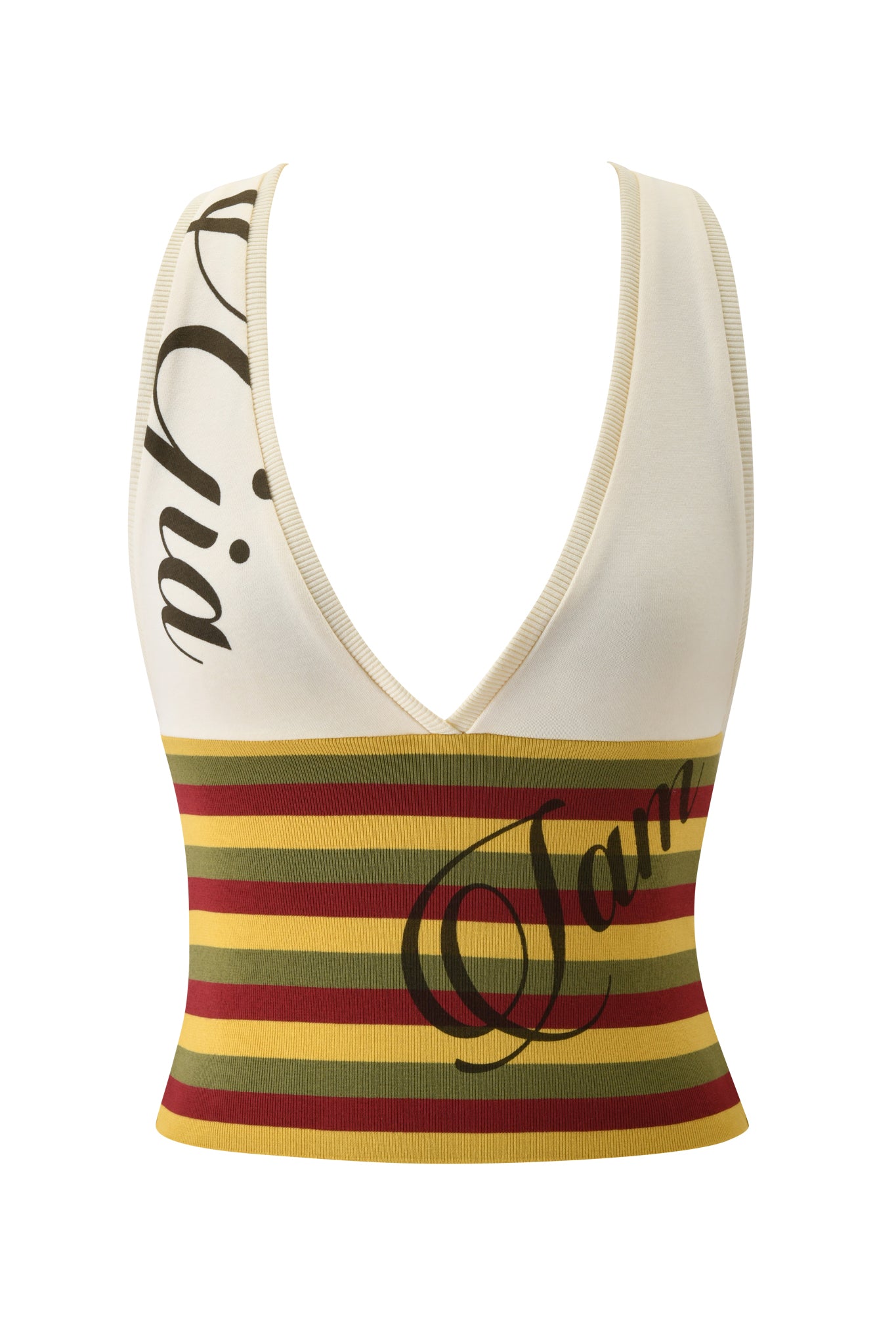 The I.AM.GIA CANDI TOP - CREAM is a sleeveless, deep V-neck racer back top with cream straps and a yellow, red, and brown stripe pattern. Black cursive script accents the strap and chest, adding the brand’s signature touch.