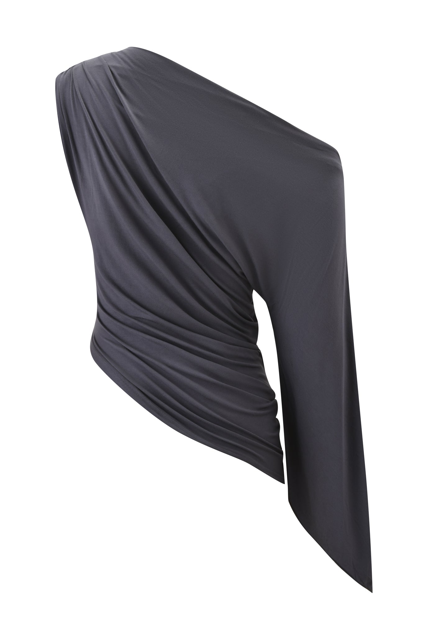 The VIOLETTE ASYMMETRICAL TOP - GREY by I.AM.GIA is a dark grey off-shoulder top with a draped, fitted design, an asymmetrical neckline, and one loose bell sleeve. Shown on a white background.