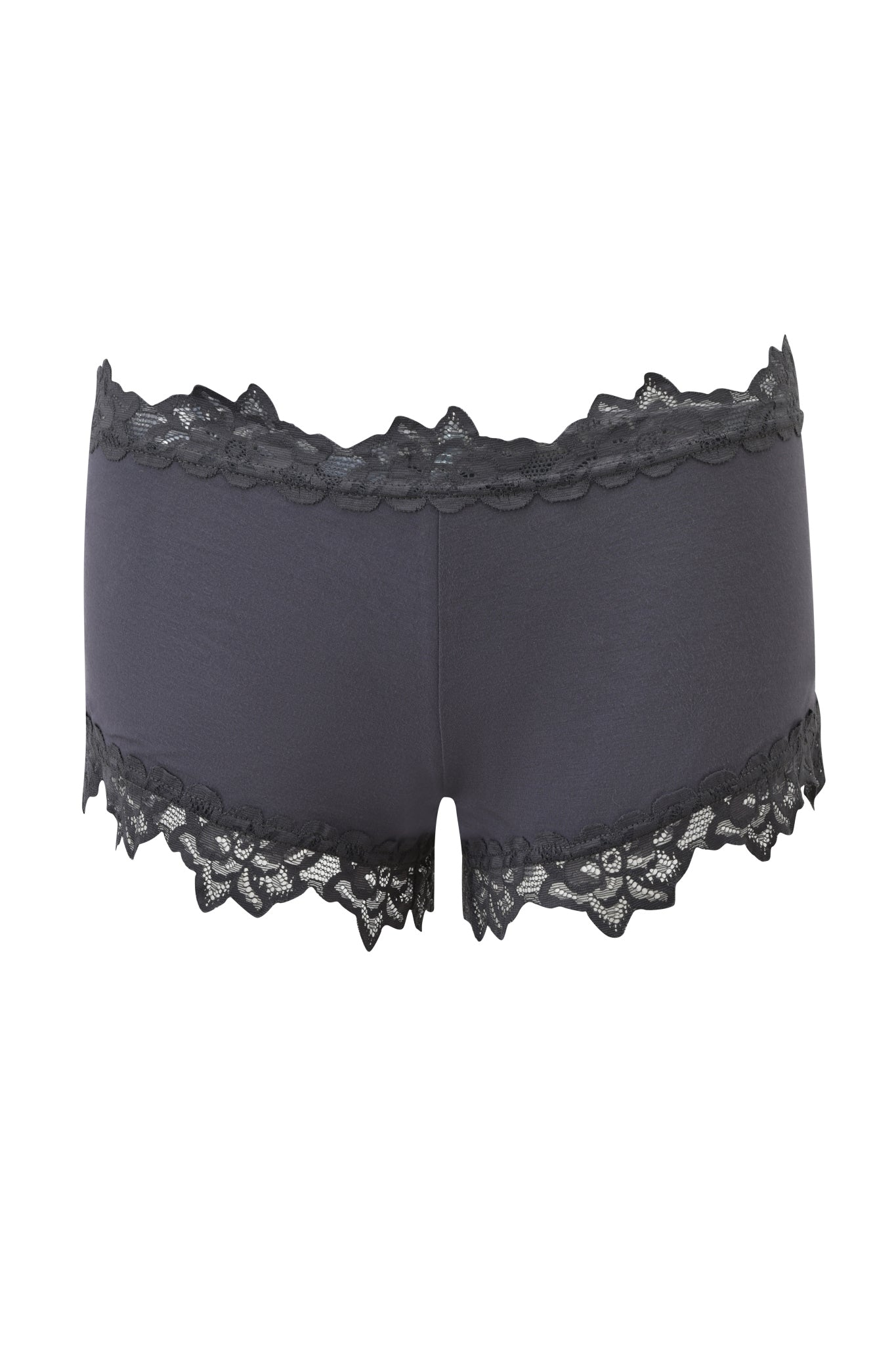 The VIOLETTE SHORT - GREY by I.AM.GIA is a dark gray women's boyshort shown from the back, featuring delicate lace-trim and scalloped edges at the waistband and leg openings.