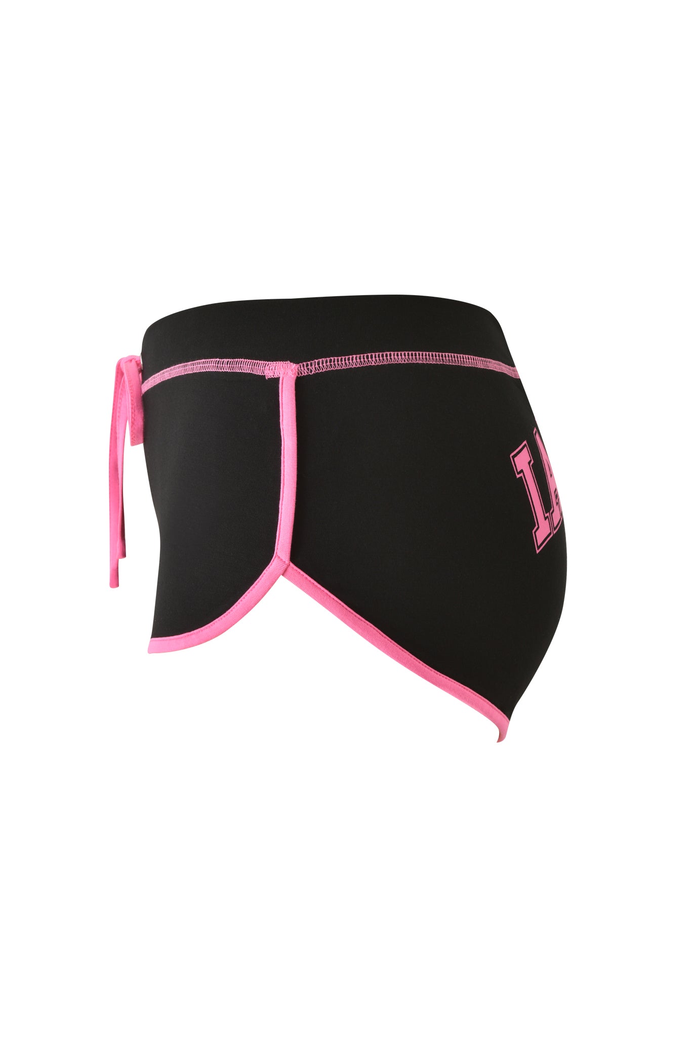The BLARE DOLPHIN SHORT - BLACK by I.AM.GIA features a black athletic mini short design with pink trim and a pink "H" on the side, shown here in a side profile. Inspired by classic bamboo dolphin shorts, these shorts offer a curved hem and side tie—making them ideal for summer beachwear.