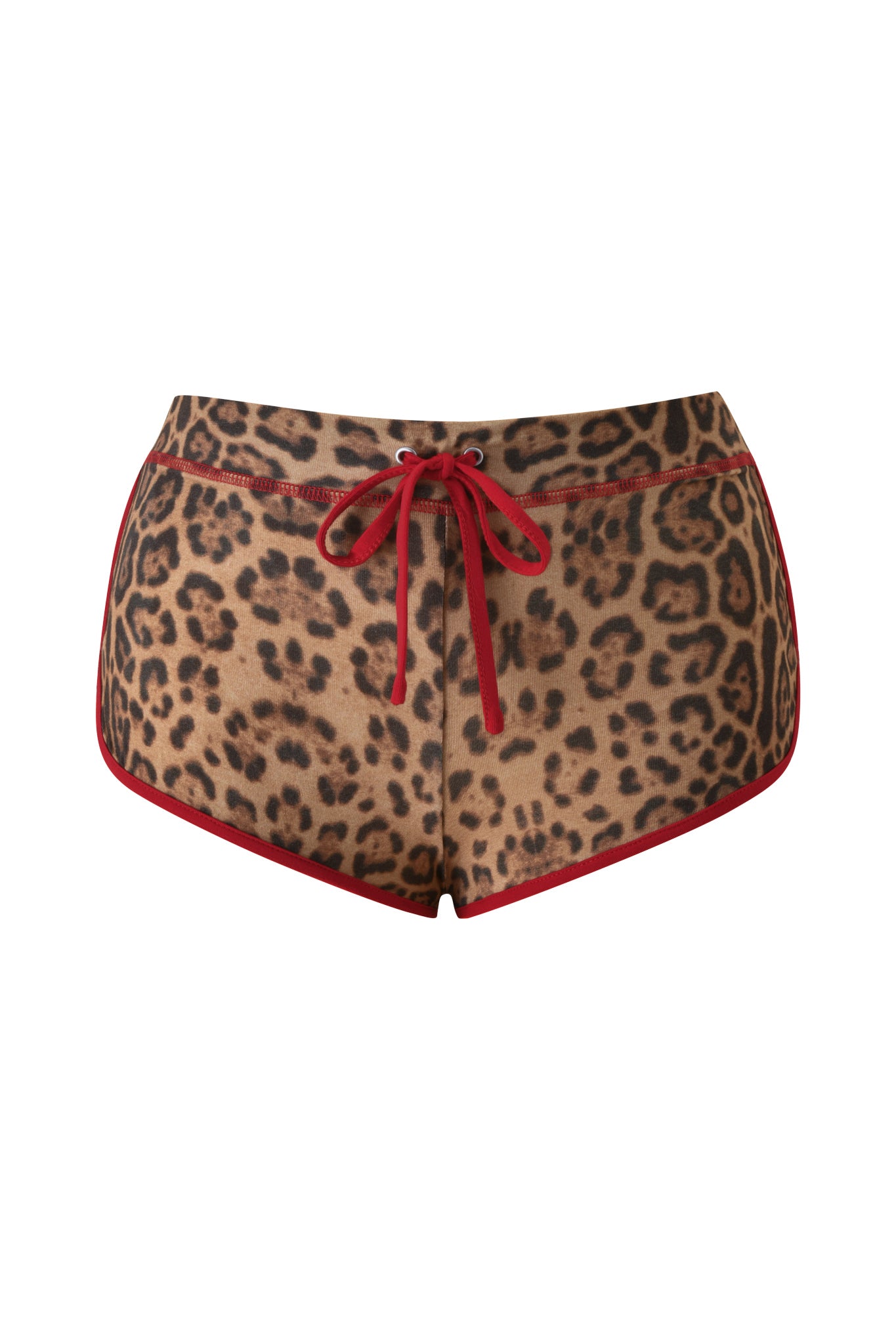 The BLARE DOLPHIN SHORT - PANTHERA by I.AM.GIA showcases a bold brown Panthera print with red trim and a front tie bow. Made from sporty bamboo fabric, these dolphin shorts combine a striking leopard pattern with comfortable summer style. Displayed against a plain white background.
