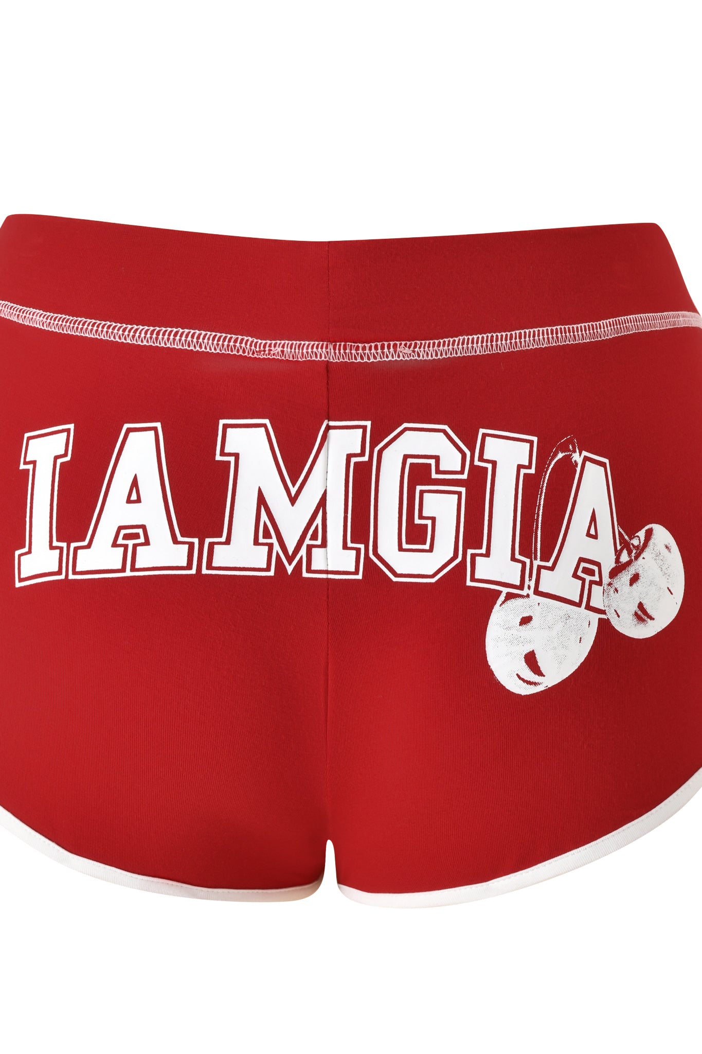 The BLARE DOLPHIN SHORT - RED by I.AM.GIA features a vibrant red color with white trim, making it ideal for summer beachwear. "IAMGIA" is printed in bold white block letters across the back, accented by two illustrated cherries hanging from the right-side "A.