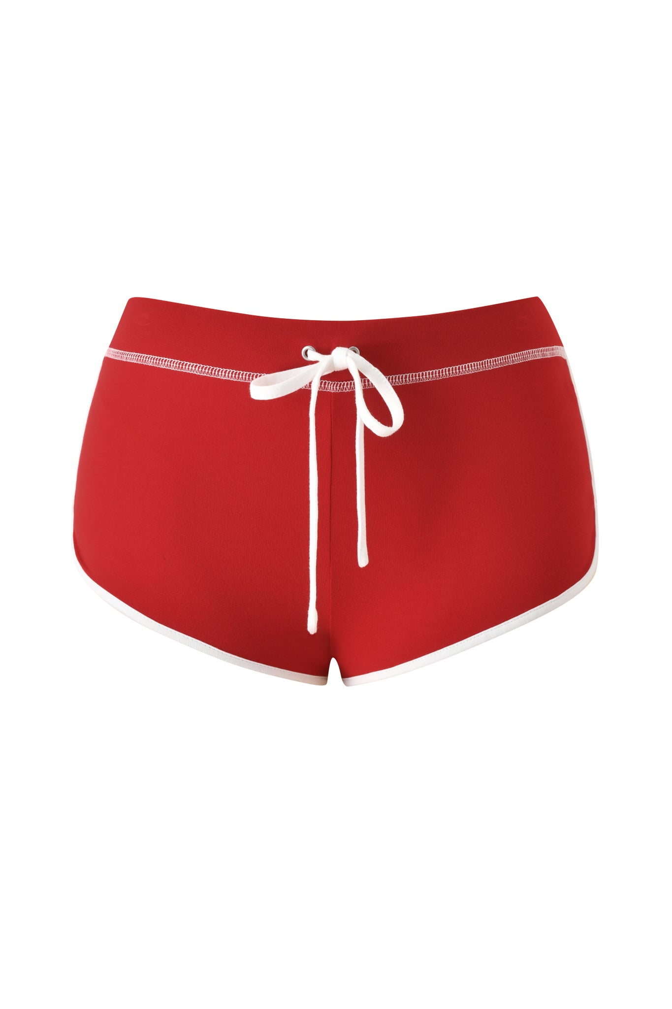 The I.AM.GIA BLARE DOLPHIN SHORT - RED features a vibrant red color with distinctive white trim and a white drawstring at the waist. Displayed on a white background, these stylish shorts are perfect for summer beachwear, combining comfort and flair for sunny days.