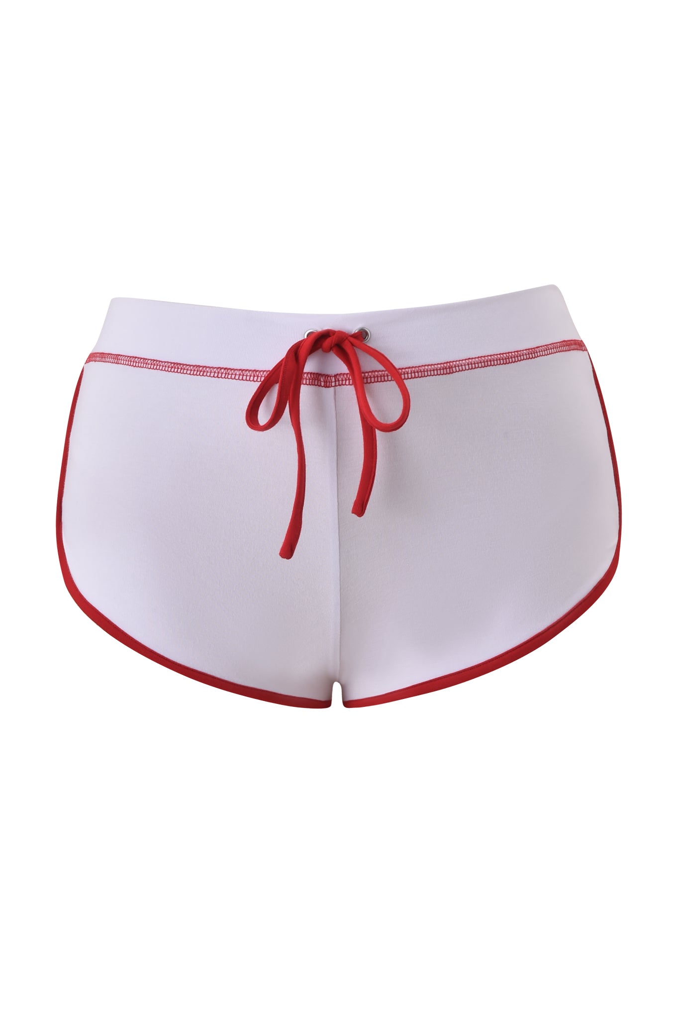 The BLARE DOLPHIN SHORT - WHITE by I.AM.GIA features red trim, a red drawstring waistband, and the brand logo, shown from the back against a plain white background.