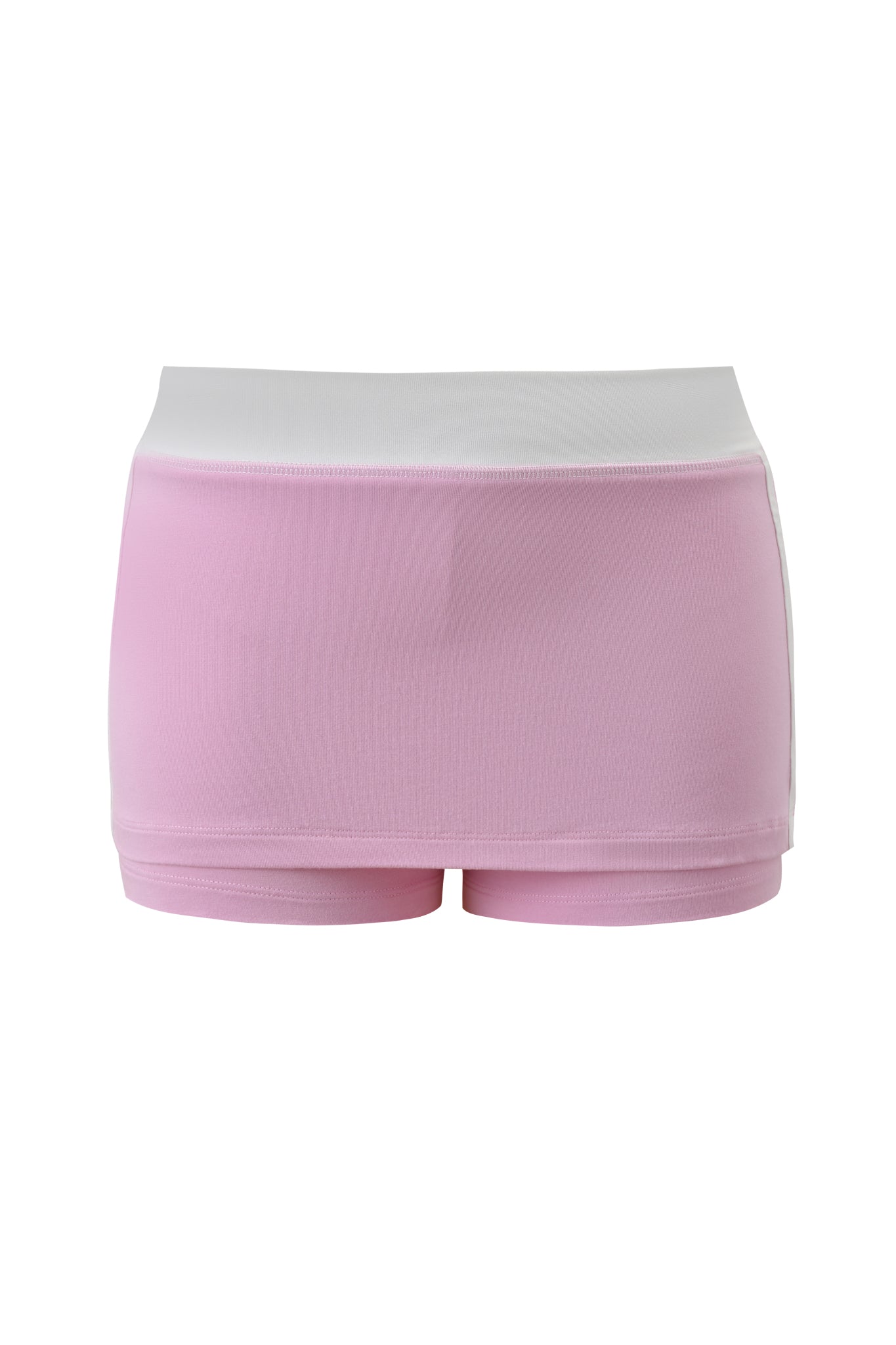 The I.AM.GIA BLARE PIPING MICRO SKORT in baby pink and white features a sporty design with a light pink body, white waistband, and an attached skirt overlay, shown against a white background.