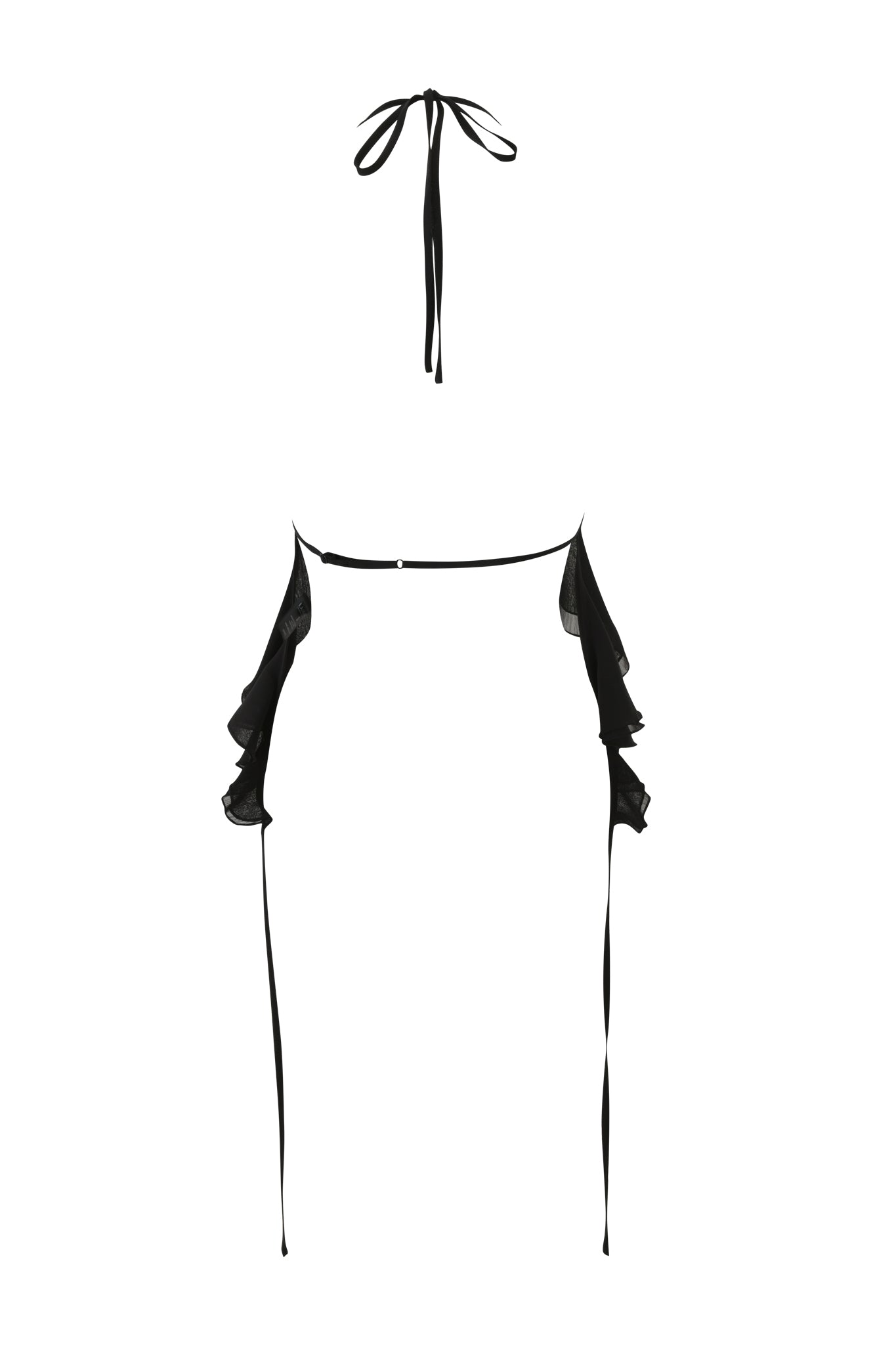The I.AM.GIA PORTIA RUFFLE HALTER TOP in black is shown with a matching ruffled thong, both featuring long side ties and sheer hip ruffle details, displayed against a white background.