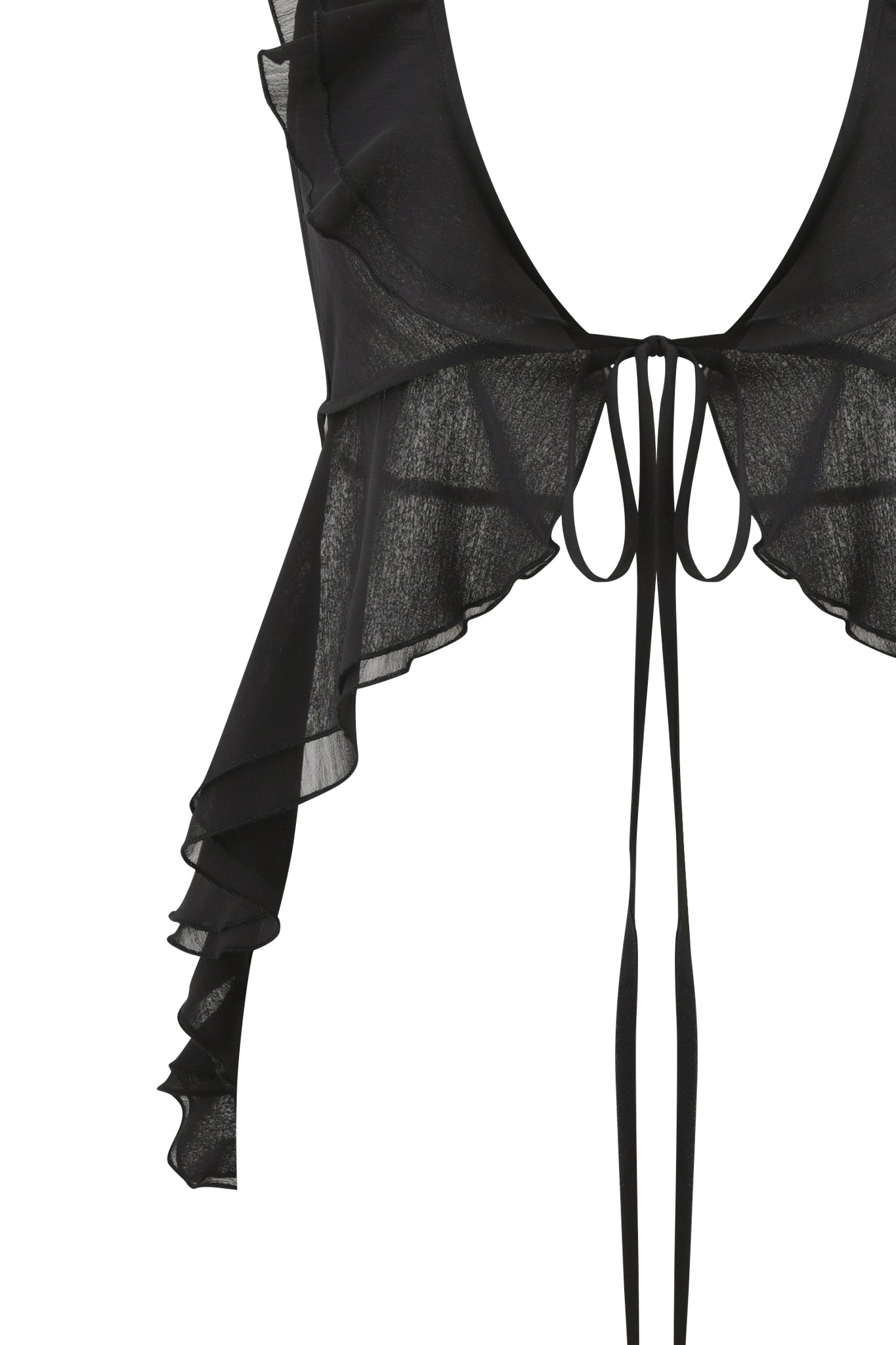 The PORTIA RUFFLE HALTER TOP by I.AM.GIA is a semi-sheer black georgette top featuring ruffles, a deep V neckline, layered flutter sleeves, and long thin front ties for closure.