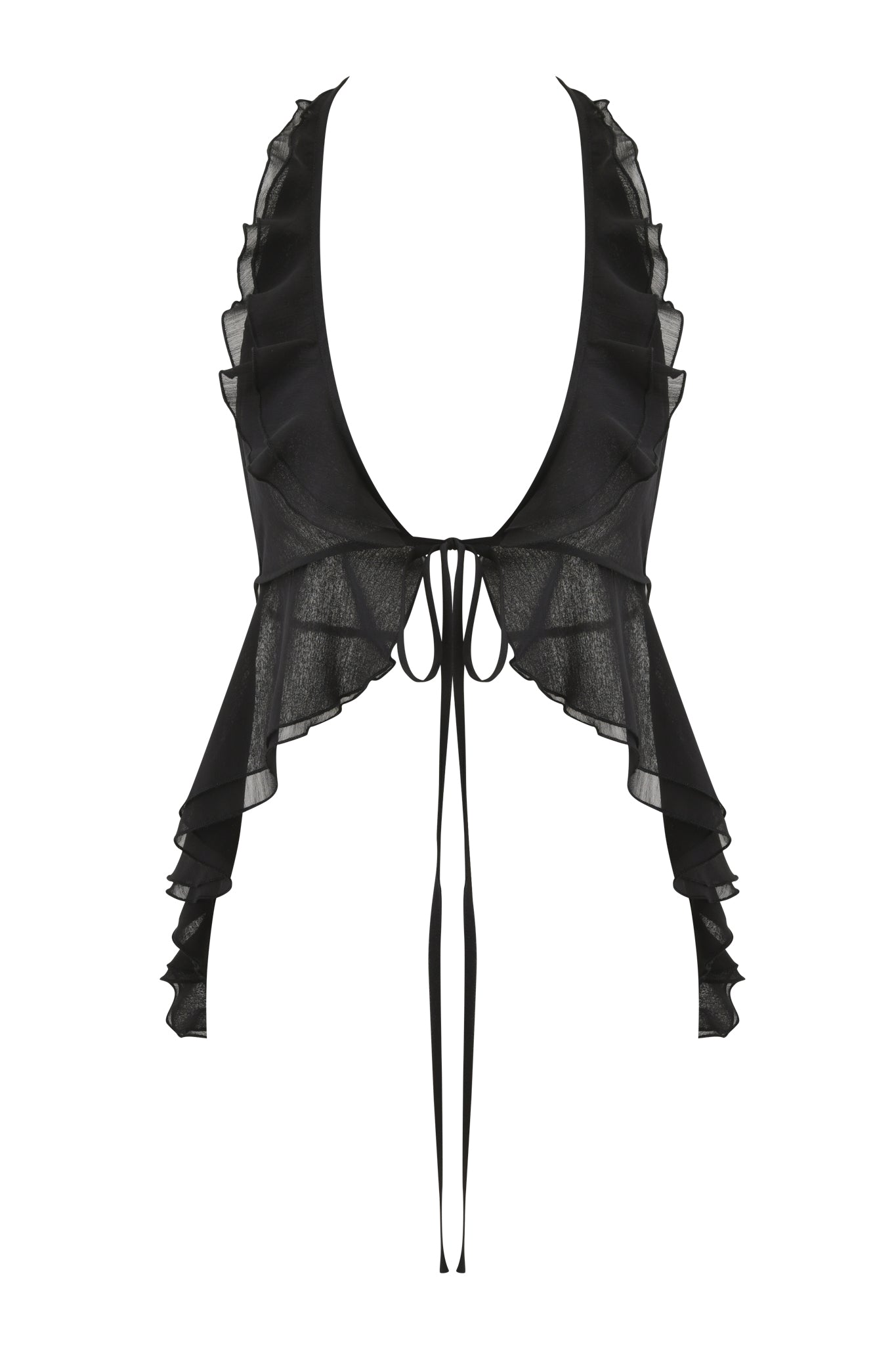 The PORTIA RUFFLE HALTER TOP by I.AM.GIA features a deep V neckline, ruffled edges, and long front ties. This semi-sheer black halter top offers an open, airy style for a chic, breezy look.