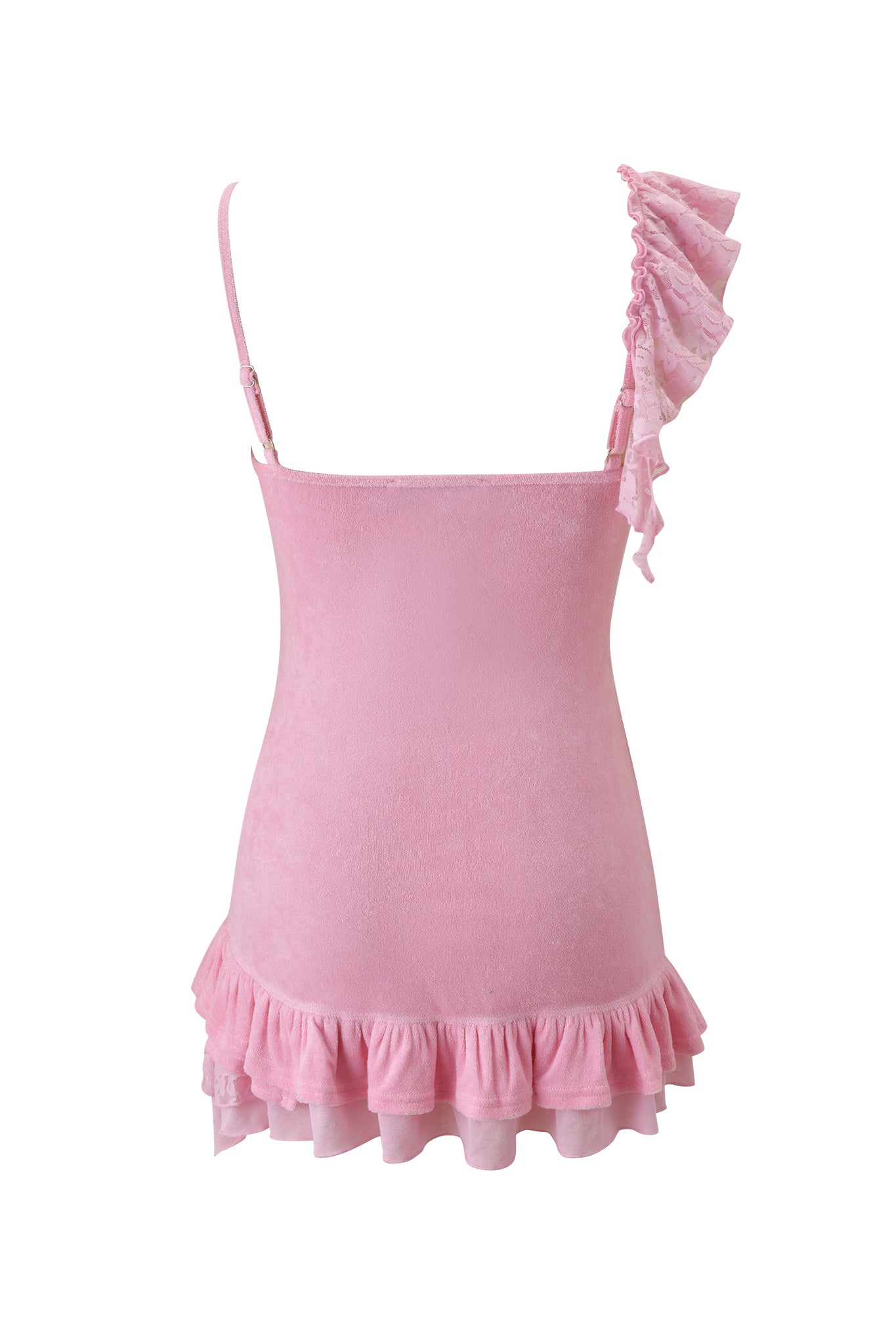 The BRIELLE TERRY MINI DRESS by I.AM.GIA is a pink terry cloth mini dress with spaghetti straps, lace ruffle detail, and an asymmetrical ruffled hem, shown from the back against a white background.