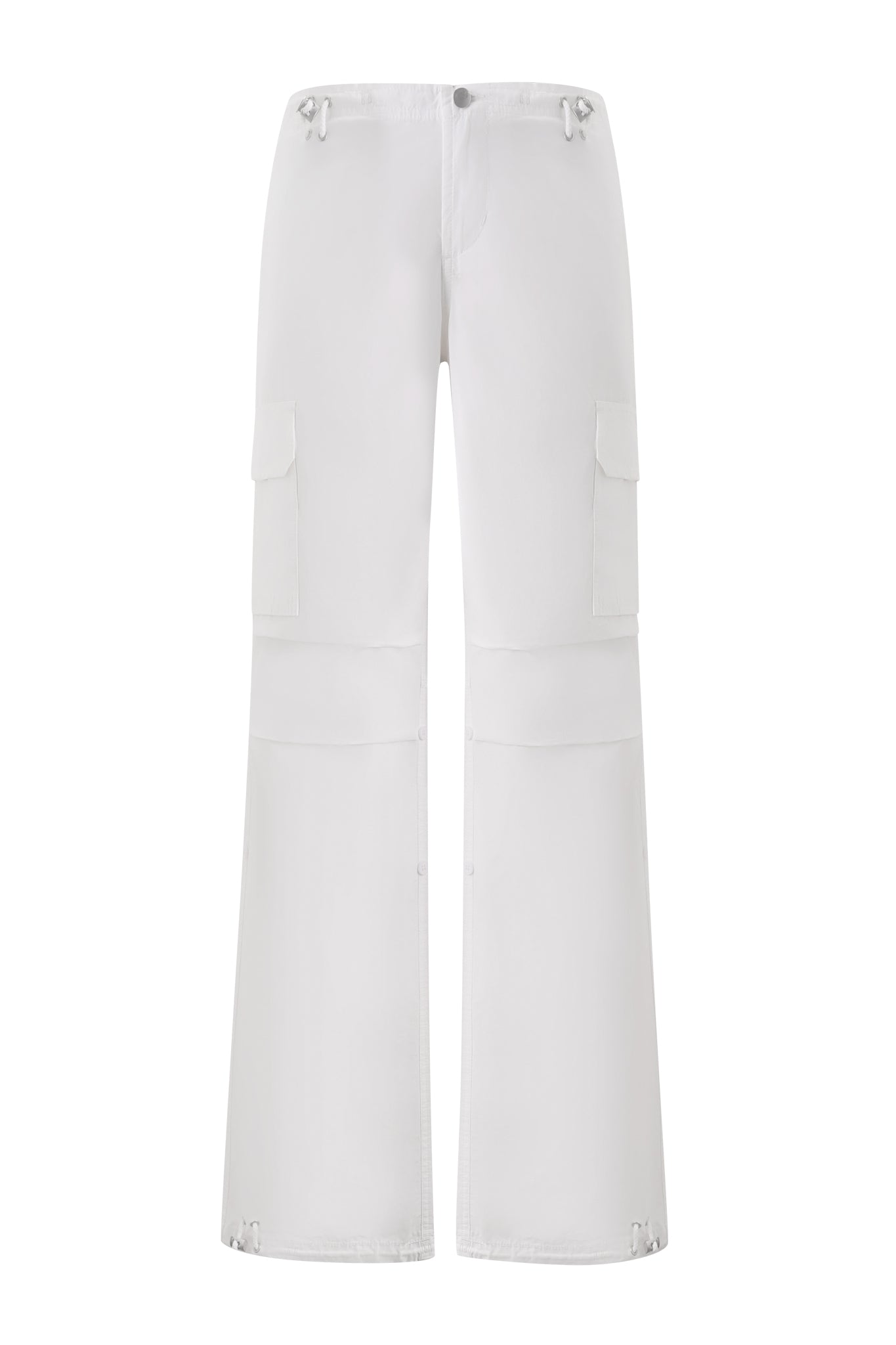 The IVANA CARGO PANT - WHITE by I.AM.GIA features baggy legs, large side pockets, a button and zipper closure, and adjustable drawstrings at the waist and hems, shown against a plain white background.