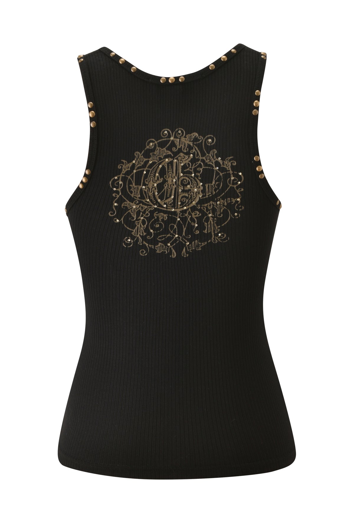 INA TANK - BLACK is a black ribbed racer style tank top featuring small gold rhinestone embellishments along the neckline and armholes, with an ornate circular graphic on the chest.