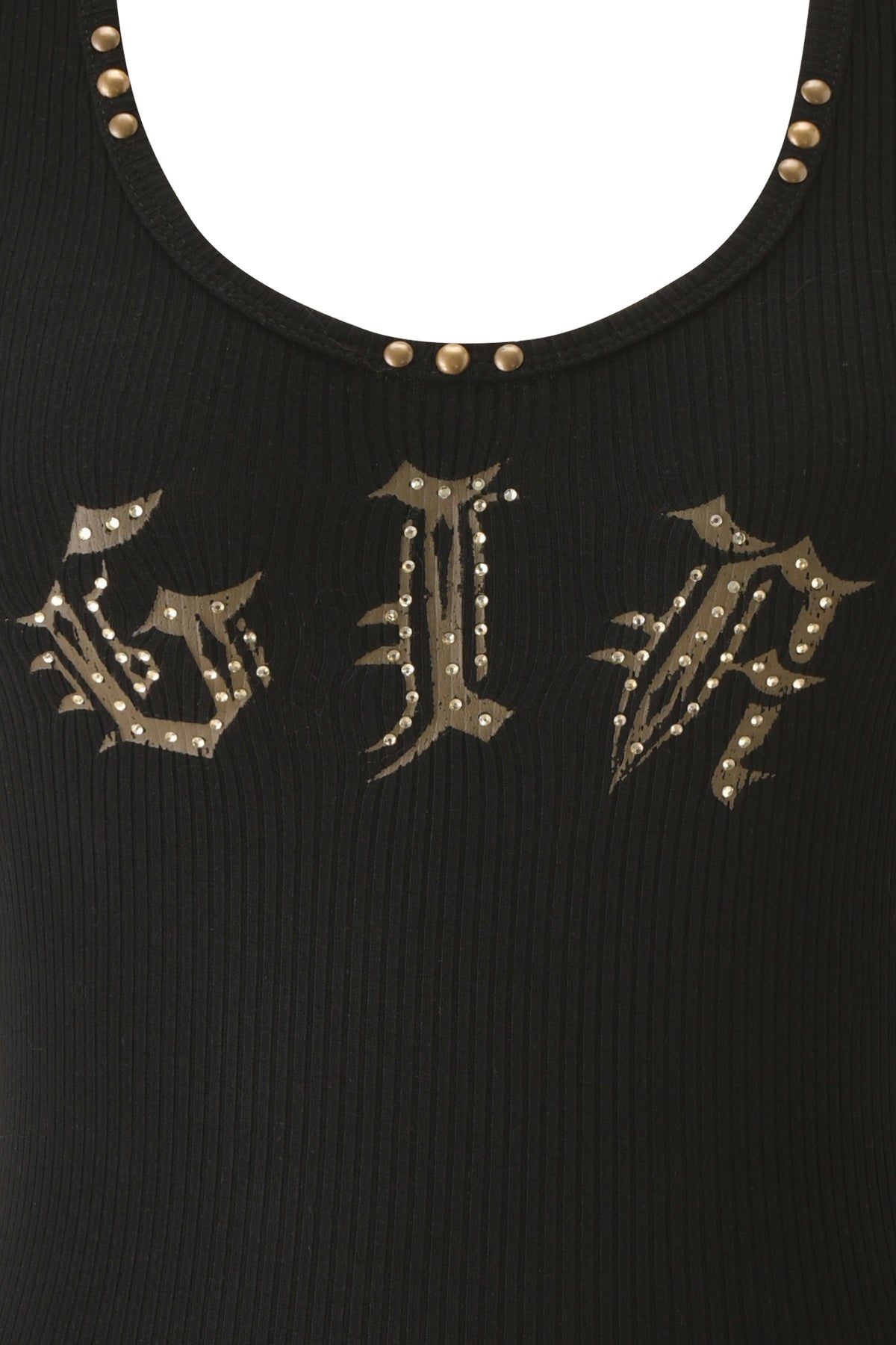 INA TANK - BLACK is a ribbed racer-style tank featuring metallic studs along the neckline and a distressed graphic across the chest accented with small silver studs.