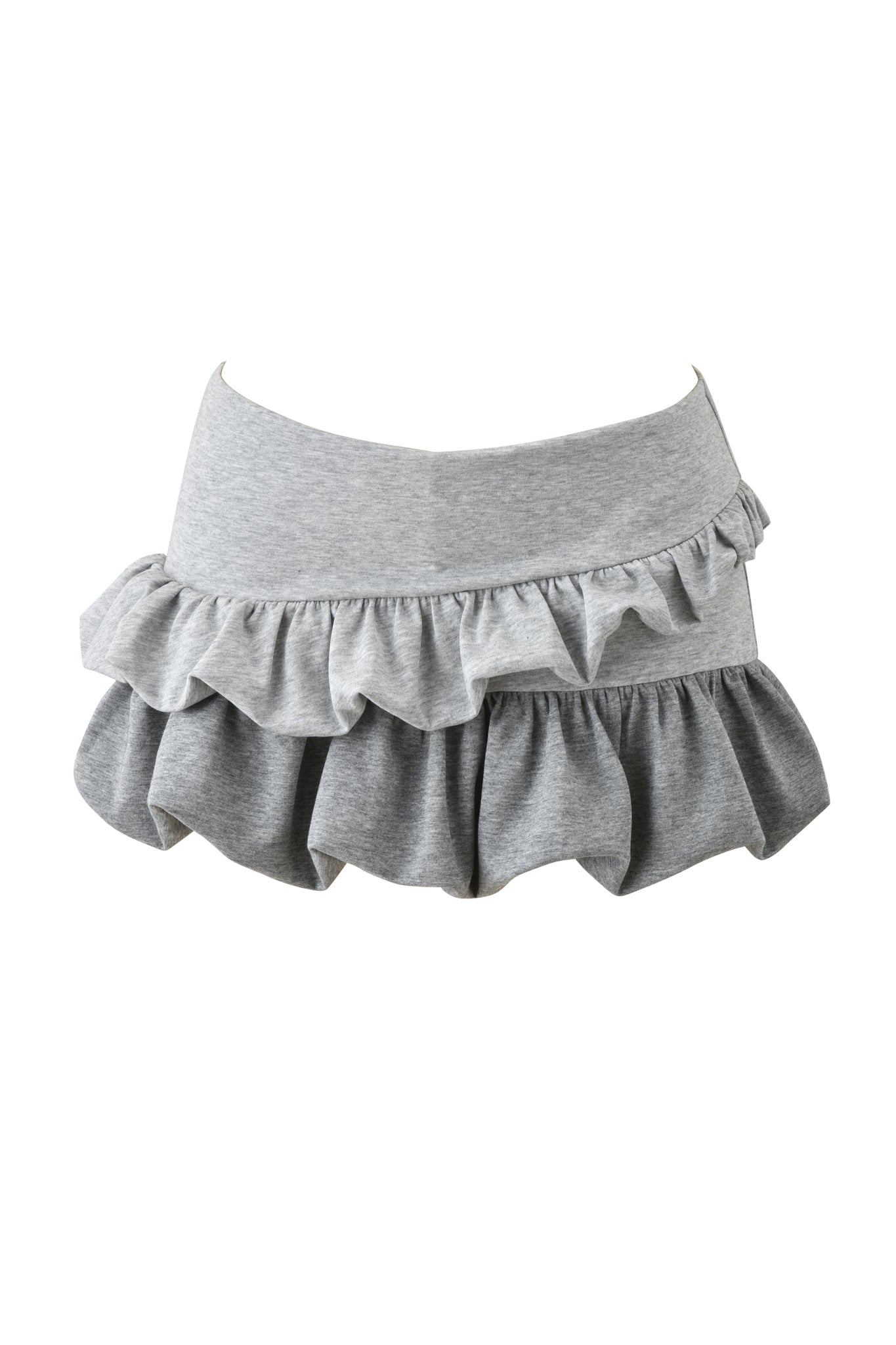 The CHERRI MINI SKIRT - GREY MULTI by I.AM.GIA is a grey mini skirt with two ruffle tiers and an elastic waistband, crafted from soft, stretchy fabric for a fun, casual everyday look.