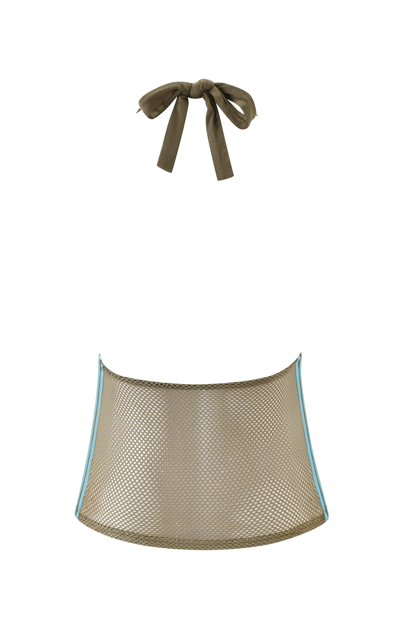 The CHANDLER TOP - GREEN by I.AM.GIA is an army green mesh halter bikini top with blue trim, paired with a matching tied bow choker, shown on a white background.