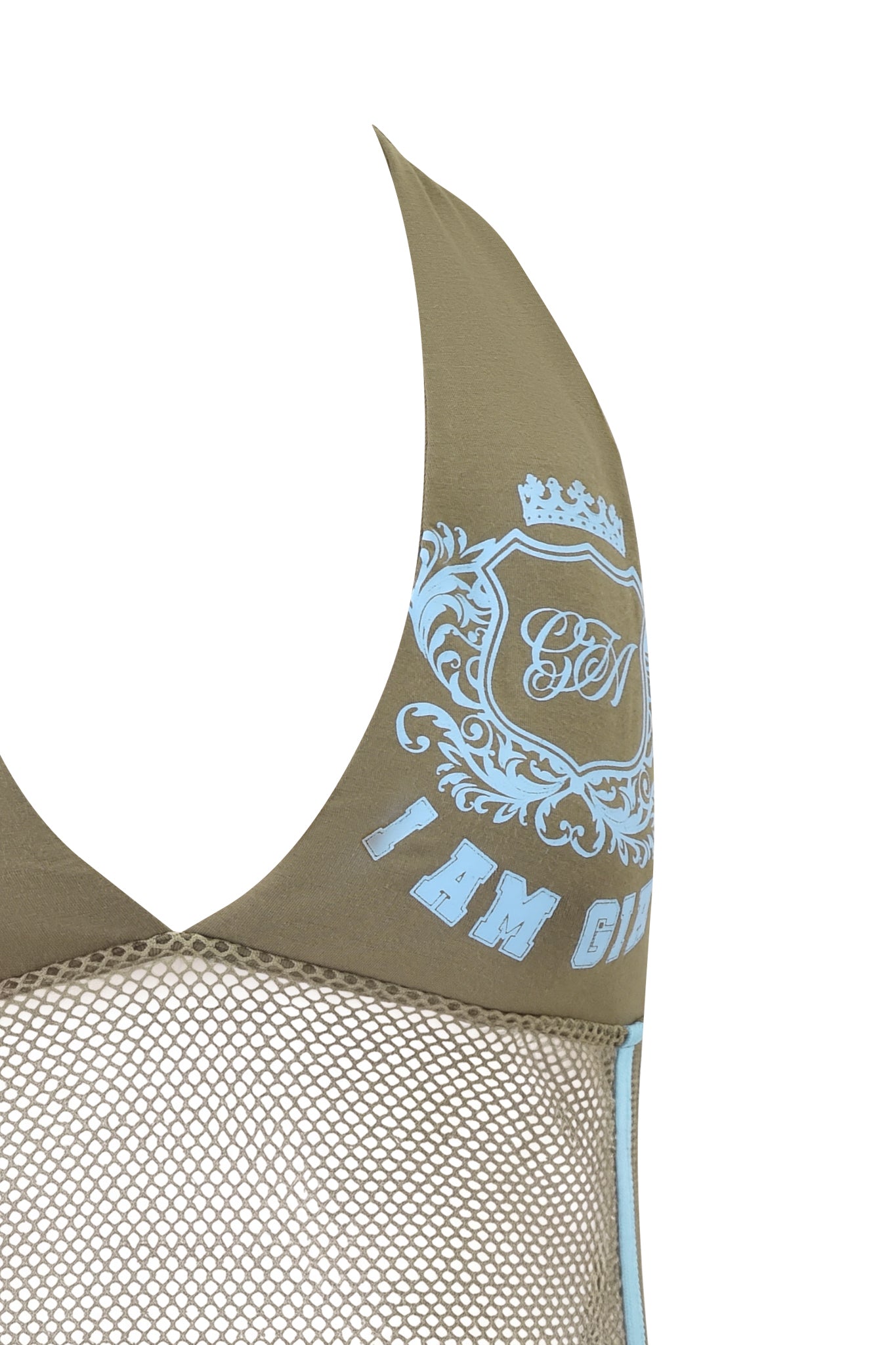 Close-up of the CHANDLER TOP - GREEN by I.AM.GIA, an army green mesh halter top featuring a light blue crest and "I.AM.GIA" lettering on the upper section above sporty mesh fabric.