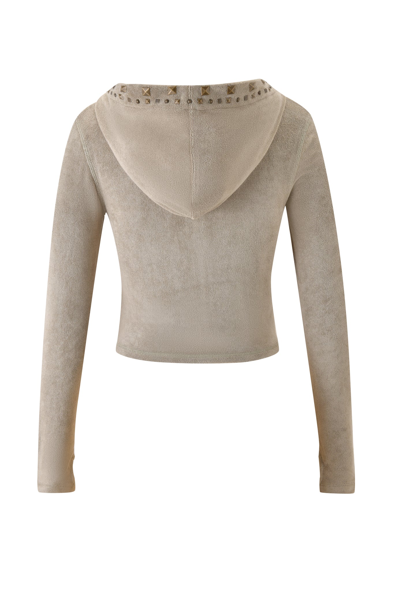 The BLARE STUDDED TERRY HOODIE in Stone by I.AM.GIA is a beige velour, long-sleeve cropped hoodie shown from the back, featuring a hood detailed with small metallic studs along the edge.