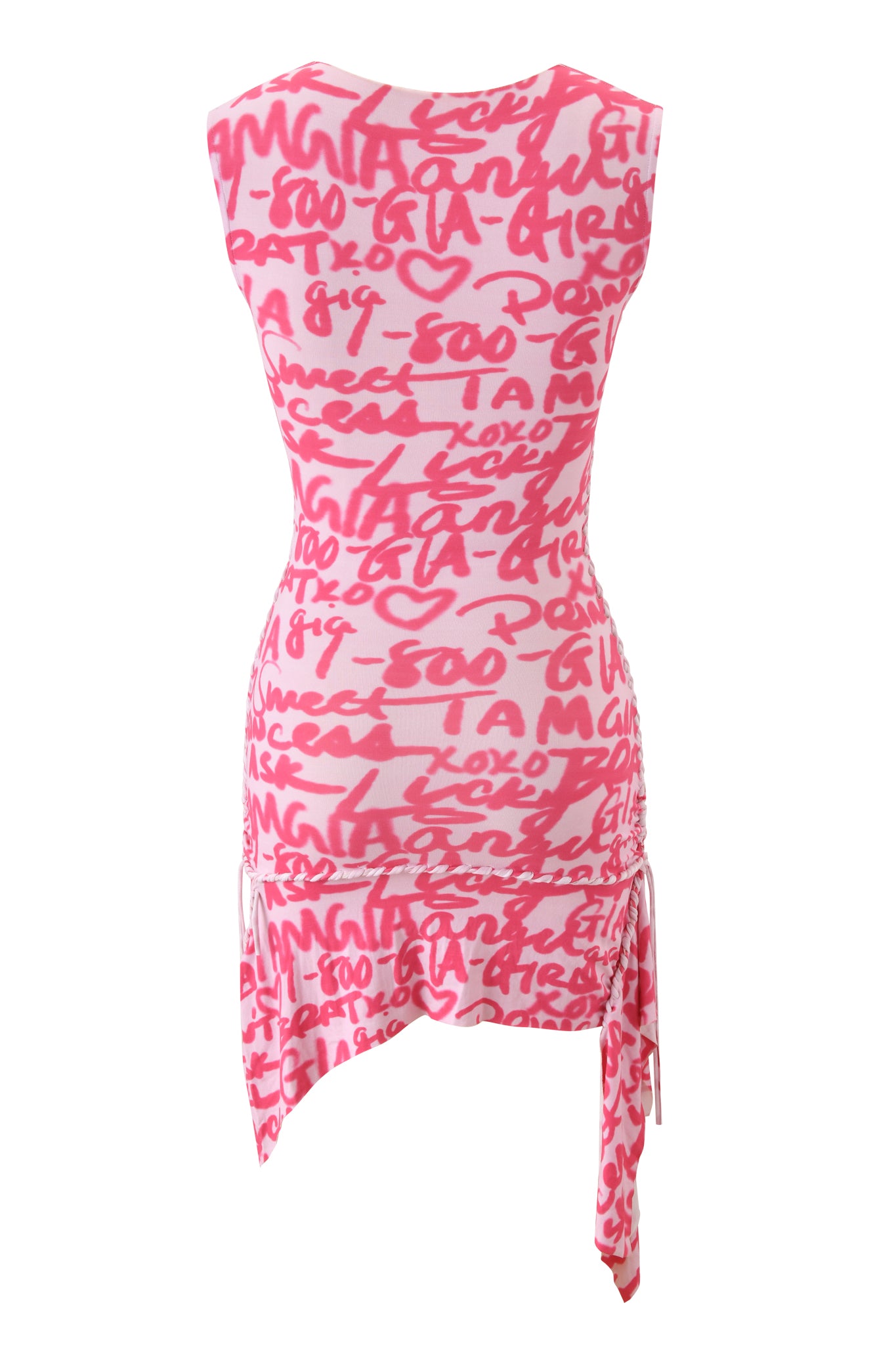 The I.AM.GIA HONEY MACRAME MINI DRESS – PINK WRITING ON THE WALL is a sleeveless bodycon mini in pink and white, featuring hot pink graffiti-inspired print, heart motifs, an asymmetric hem, and playful side ties.