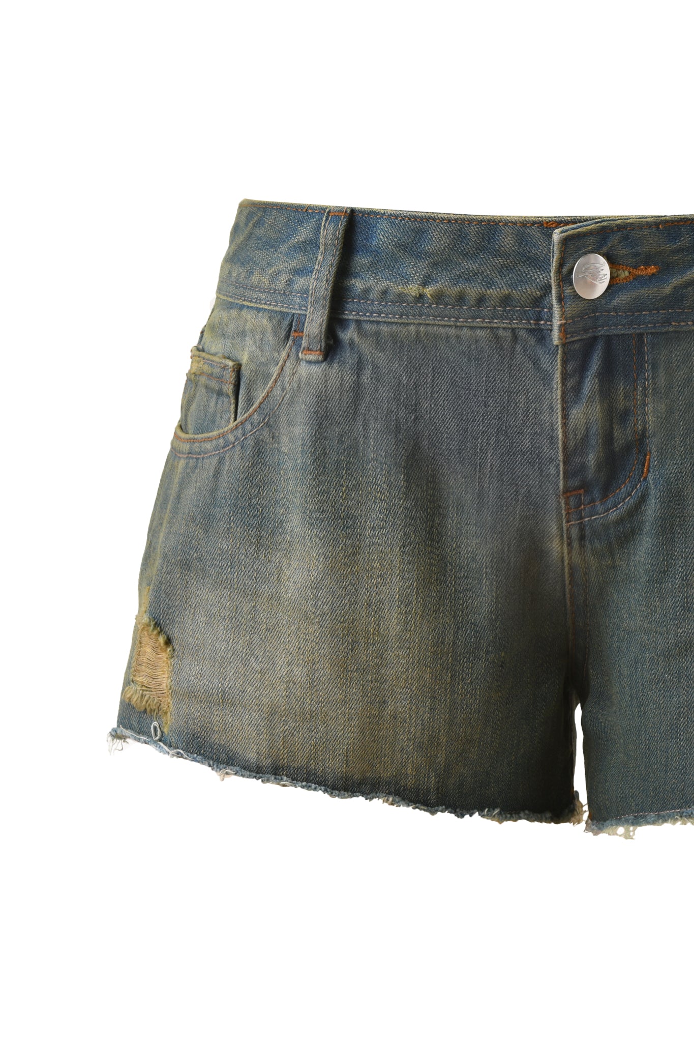 The TINSLEY SHORT by I.AM.GIA features distressed dark denim with a raw frayed hem, front button closure, and visible front pocket stitching, shown on a white background.