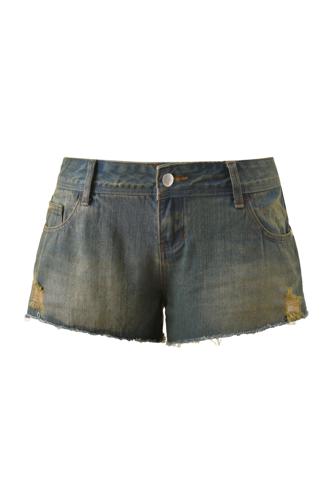 The I.AM.GIA TINSLEY SHORT - DARK DENIM features distressed denim, a raw fraying hem, front and back pockets, and a button closure, shown against a white background.