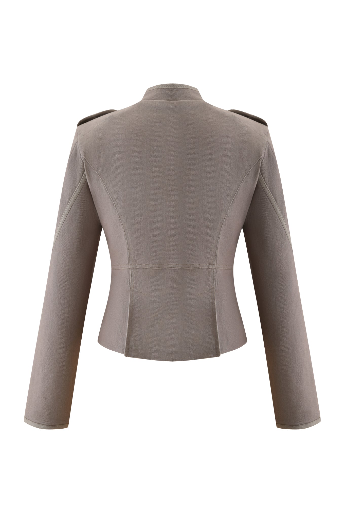The SHARN JACKET - MUSHROOM by I.AM.GIA is a taupe military-inspired fitted jacket with long sleeves, structured shoulders, subtle seam details, a tailored waist, and ultra-soft fabric, shown from the back.
