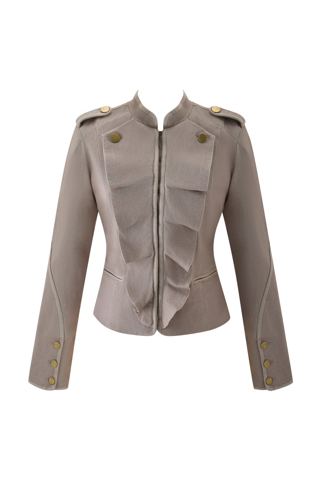 The I.AM.GIA SHARN JACKET - MUSHROOM is a taupe military-style jacket featuring a mandarin collar, gold buttons on the shoulders and cuffs, and ruffle detailing along the front zipper.