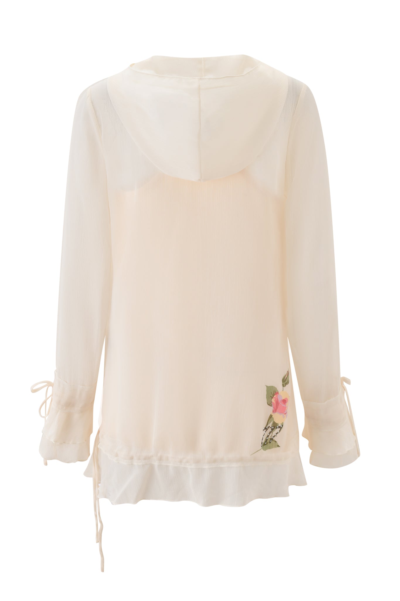 The I.AM.GIA DIAMOND 2-IN-1 MINI DRESS in cream is a sheer georgette, long-sleeved dress featuring a hood, drawstring cuffs, and delicate pink and green floral embroidery near the back hem.