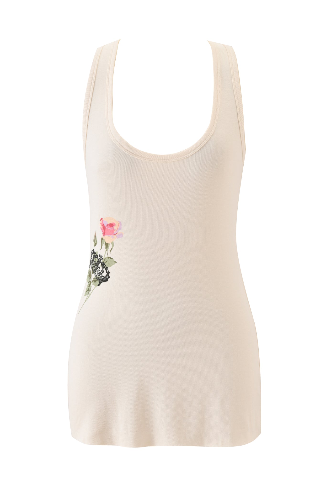 The I.AM.GIA DIAMOND 2-IN-1 MINI DRESS in cream features a sleeveless design with a scoop neckline, small pink rose, and black lace graphic—ideal for layering or wearing on its own.