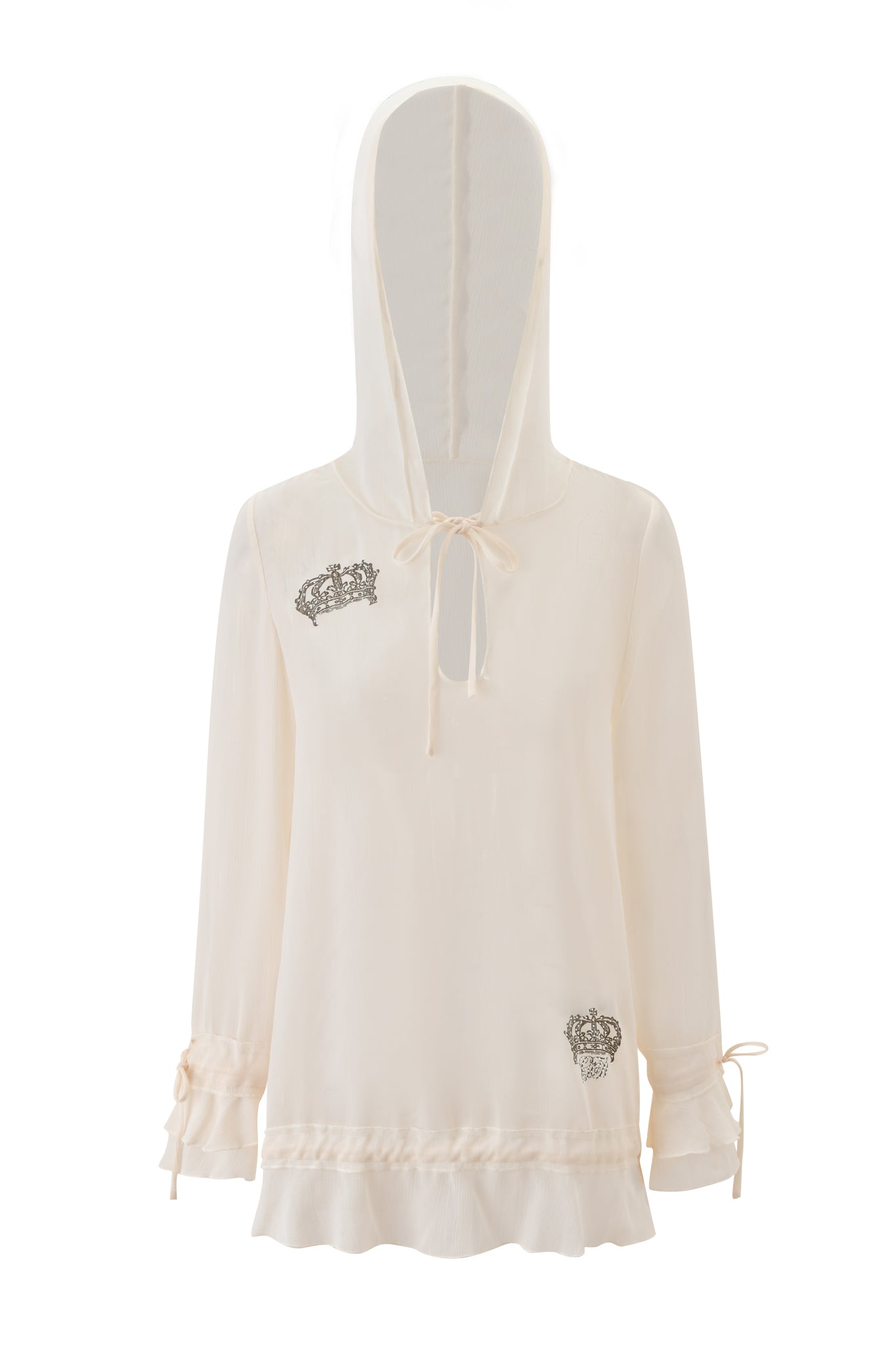 The DIAMOND 2-IN-1 MINI DRESS by I.AM.GIA in cream is a sheer georgette dress featuring long sleeves, a hood, ribbon ties at the neckline and sleeves, subtle ruffle details at cuffs and hem, plus crown embroidery on the chest and hem.