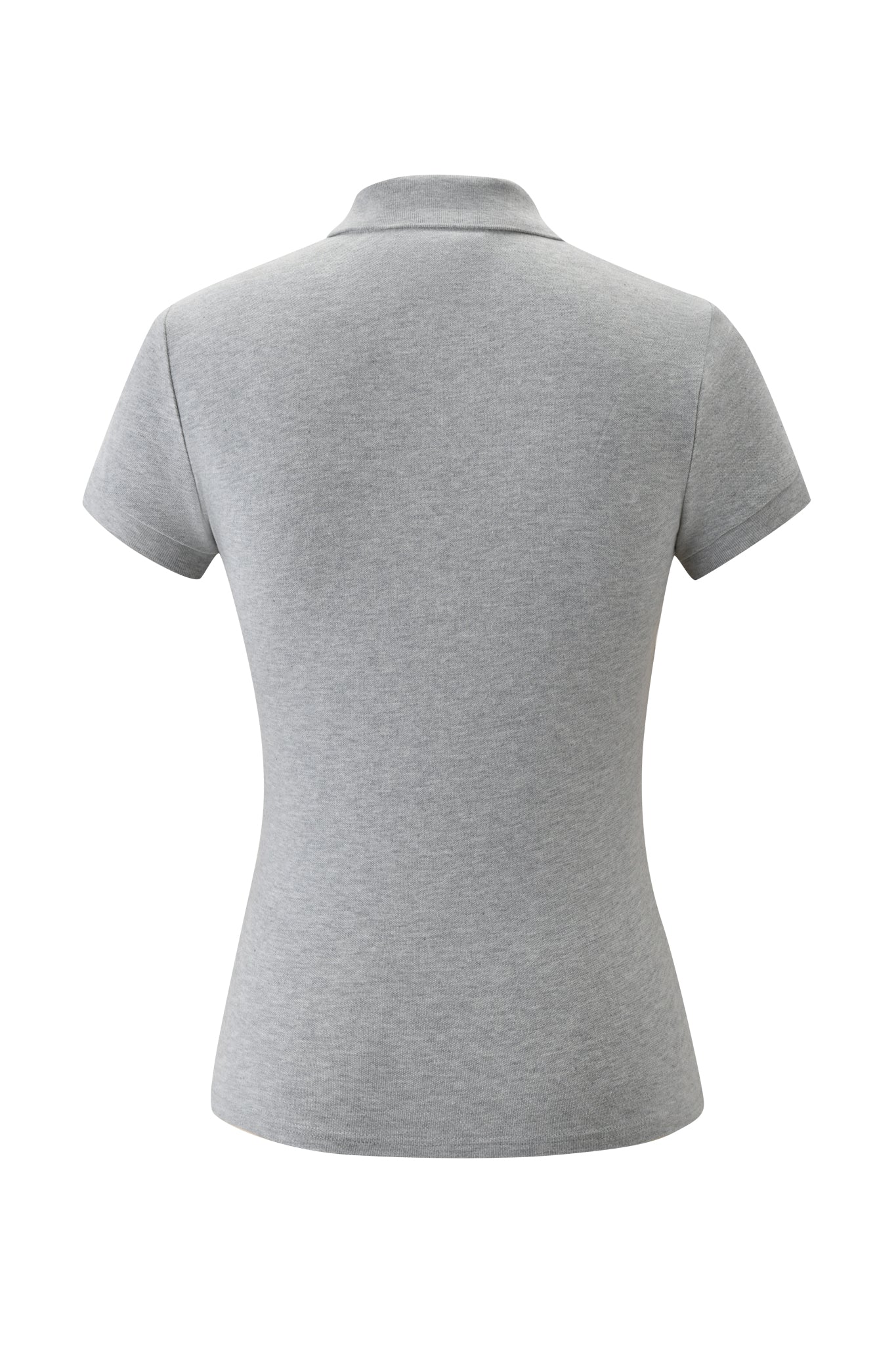 Back view of the I.AM.GIA PAM TOP - GREY, a women's fitted, collared short sleeve polo, displayed in light gray on a white background.