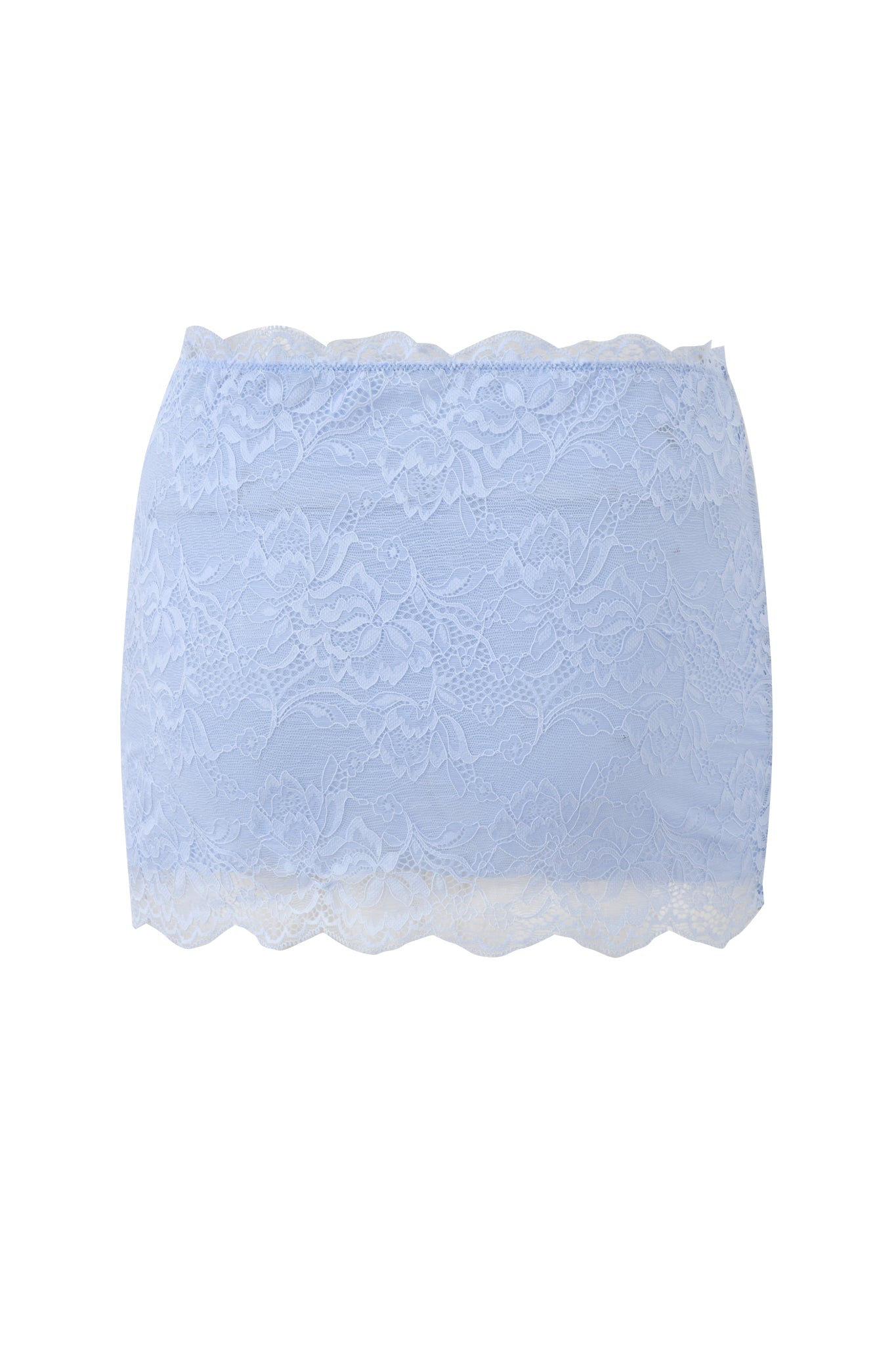 The SALLI LACE MINI SKIRT in baby blue from I.AM.GIA, featuring floral patterns and scalloped edges, is perfect to pair with a light blue lace bandeau bralette. Displayed on a white background.