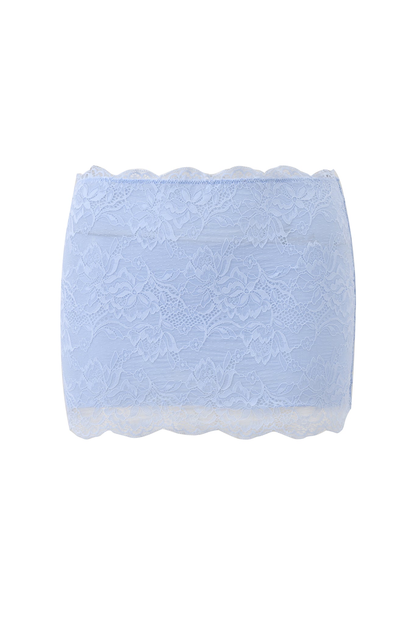 The SALLI LACE MINI SKIRT in baby blue by I.AM.GIA features floral lace and scalloped edges—style it with a matching bandeau bra for an effortlessly chic look, as shown against a white background.