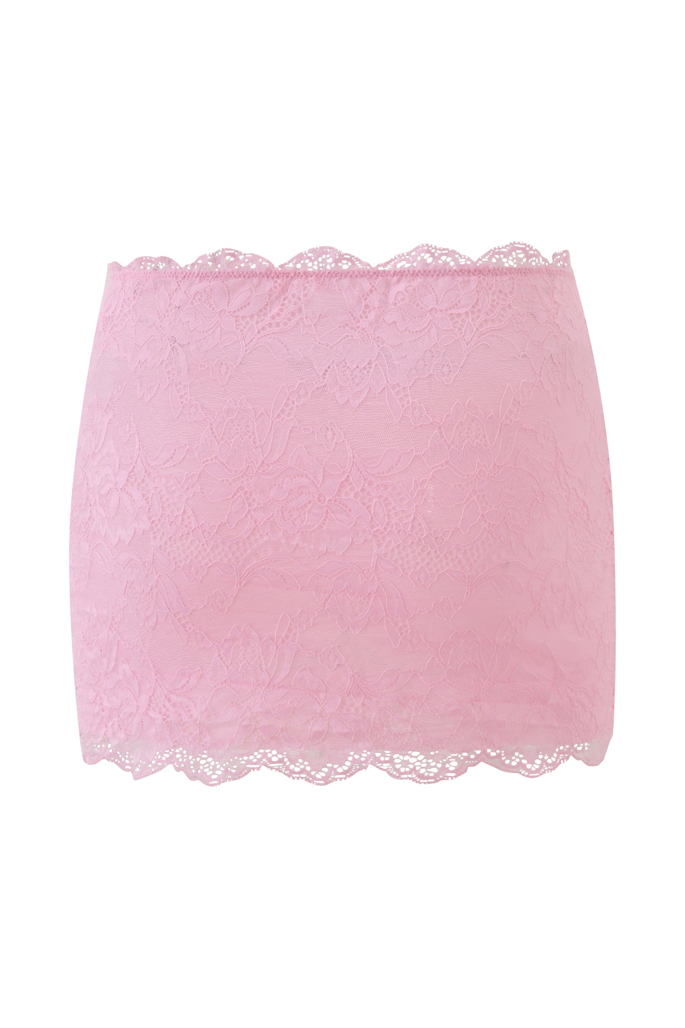 Pair the I.AM.GIA SALLI LACE MINI SKIRT in baby pink with a light pink floral lace bandeau bralette featuring scalloped edges—ideal for styling as a coordinated outfit or chic swim coverup.
