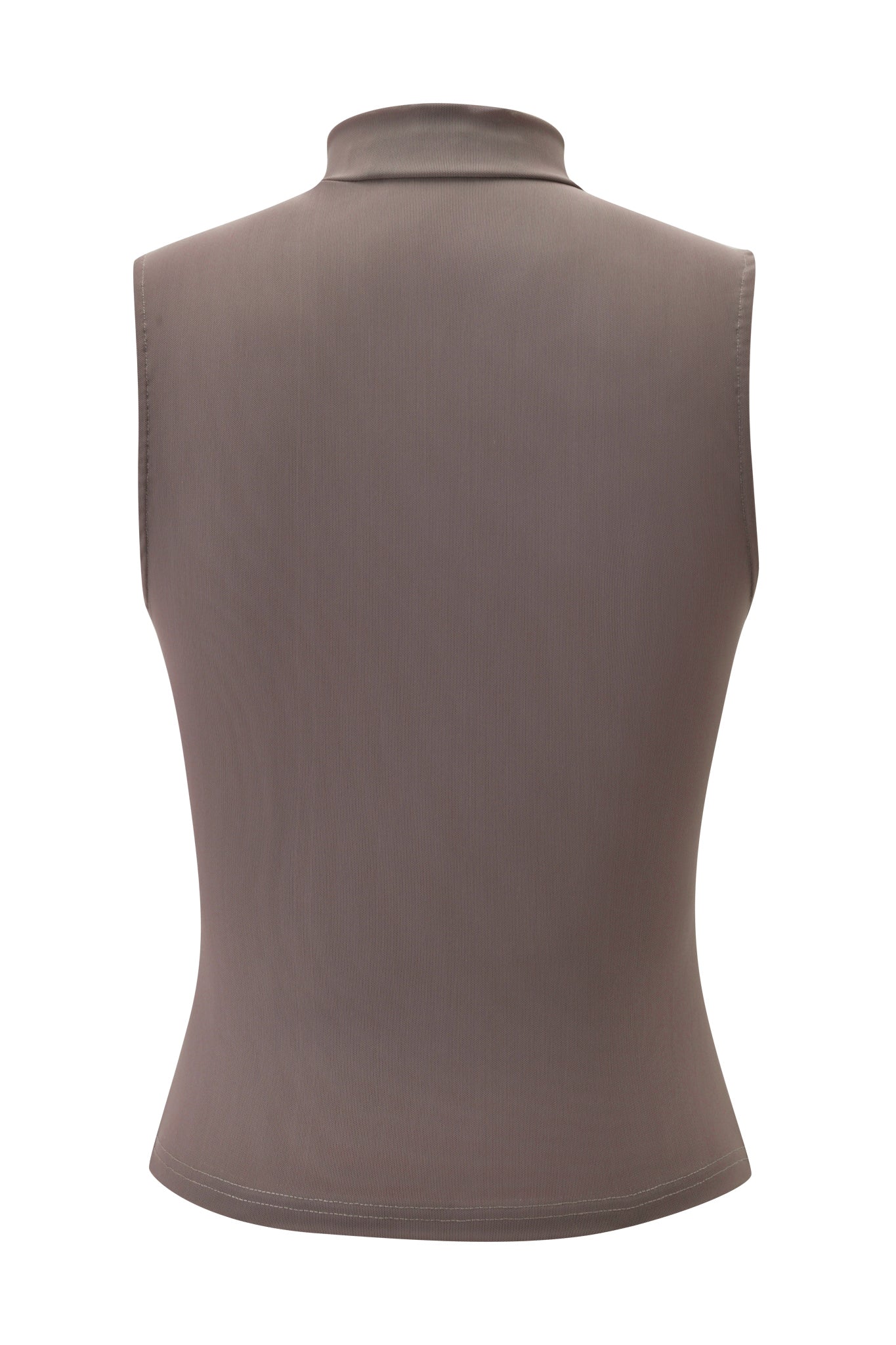 The I.AM.GIA ISELA TANK TOP in mocha is shown from the back against a white background, highlighting its sleeveless design, mock neck, and bodycon stretch fit.