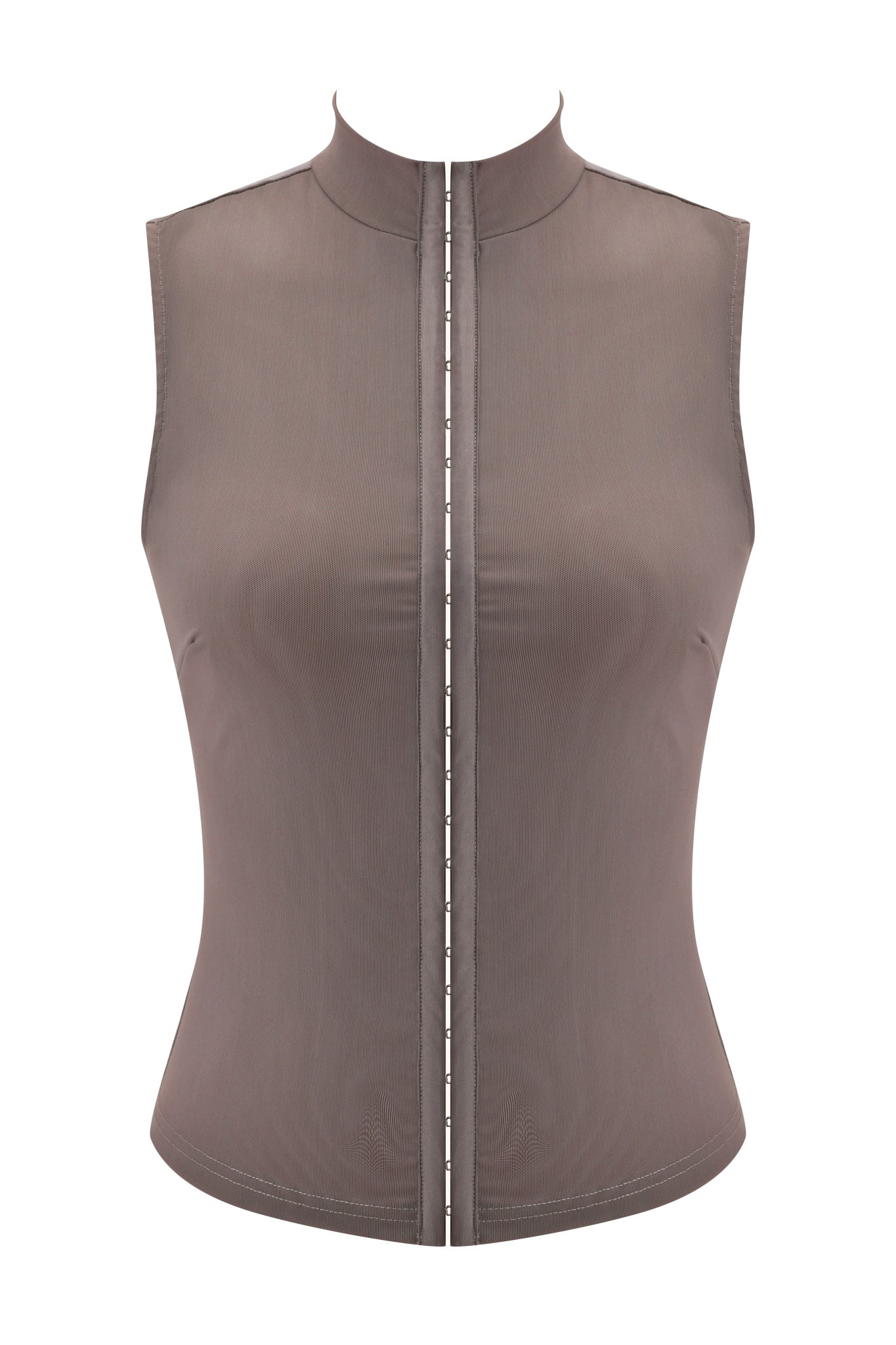 The I.AM.GIA ISELA TANK TOP in mocha is a sleeveless, bodycon-fit mock neck top with a central vertical seam and high collar, shown on a white background.