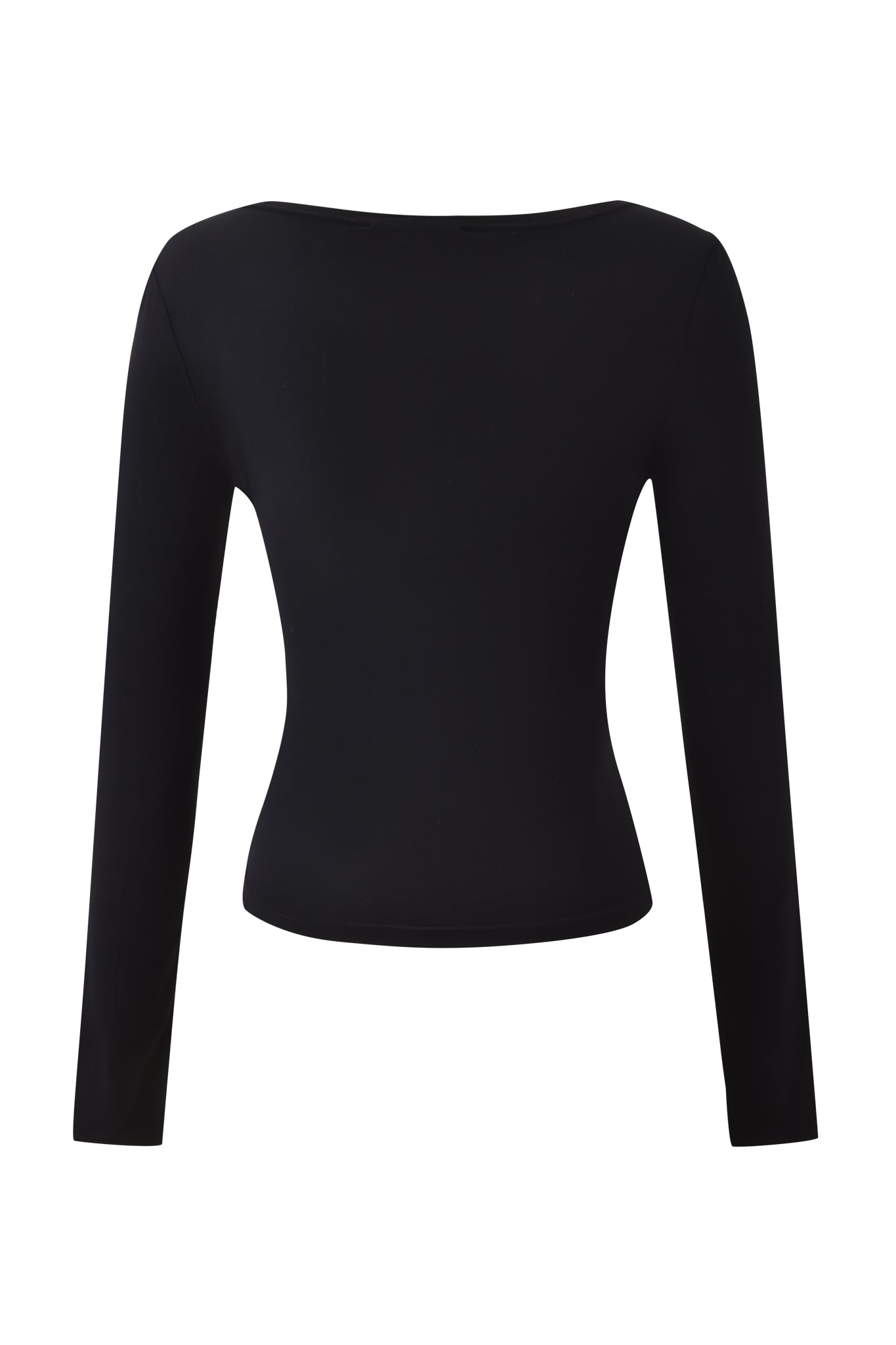 The ASHA LONG SLEEVE TOP - BLACK by I.AM.GIA is a black, fitted long sleeve top with a wide neckline and bodycon fit, shown from the back against a white background.