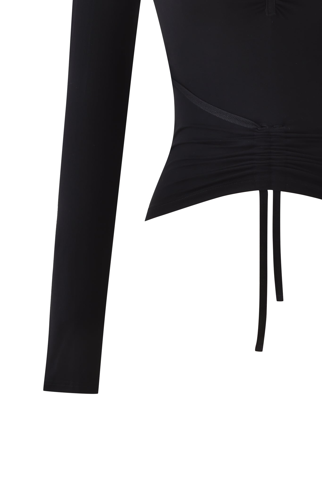 Close-up of the I.AM.GIA ASHA LONG SLEEVE TOP - BLACK, a fitted, bodycon top with ruched detailing and two thin drawstrings at the hem. The smooth, stretchy fabric enhances its sleek look.