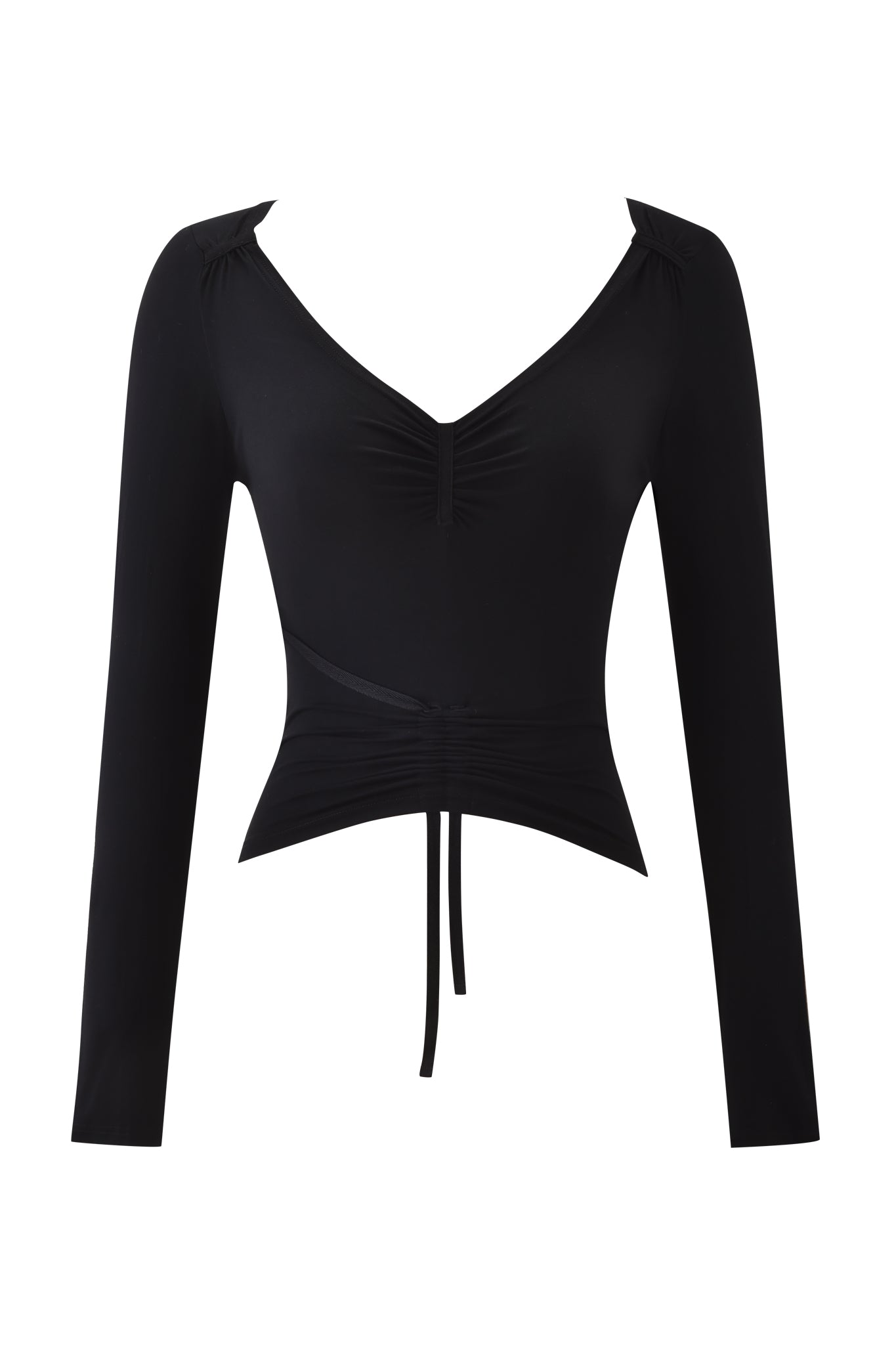 The ASHA LONG SLEEVE TOP - BLACK by I.AM.GIA features a fitted bodycon silhouette, V-neckline, center ruching, drawstring waist, and a slightly asymmetrical hem for a modern look.