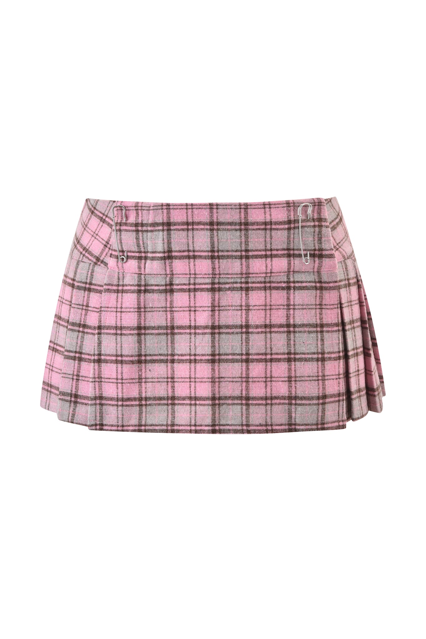 The BETTY MICRO MINI SKIRT by I.AM.GIA features a pink plaid pattern, pleated flannel design, and two decorative silver safety pins near the front waistband.